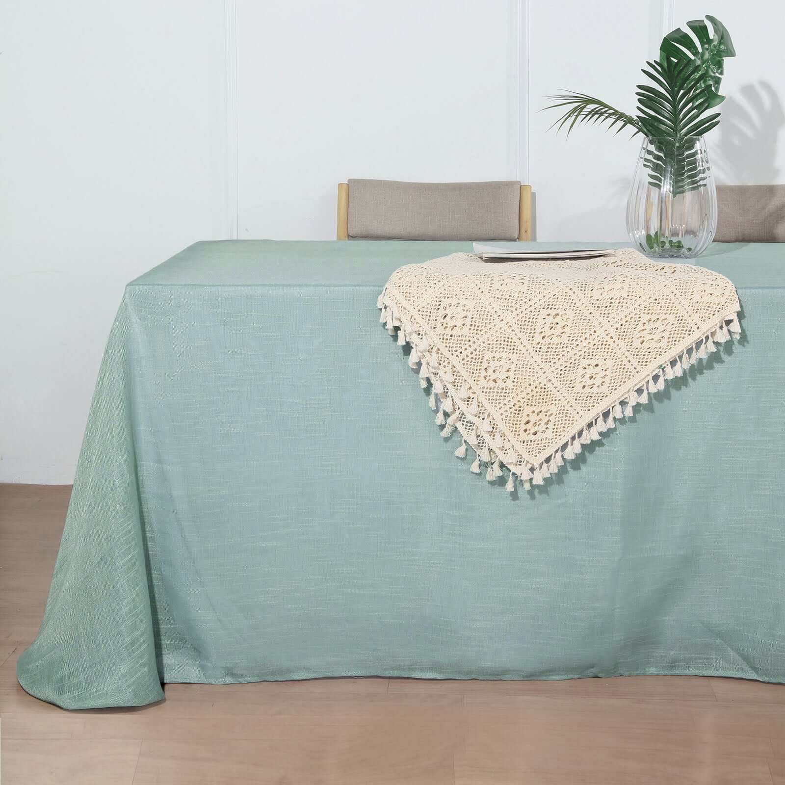 Faux Linen Rectangular Tablecloth 90"x132" Dusty Blue with Slubby Textured - Wrinkle Resistant & Seamless Table Cover - Image 2