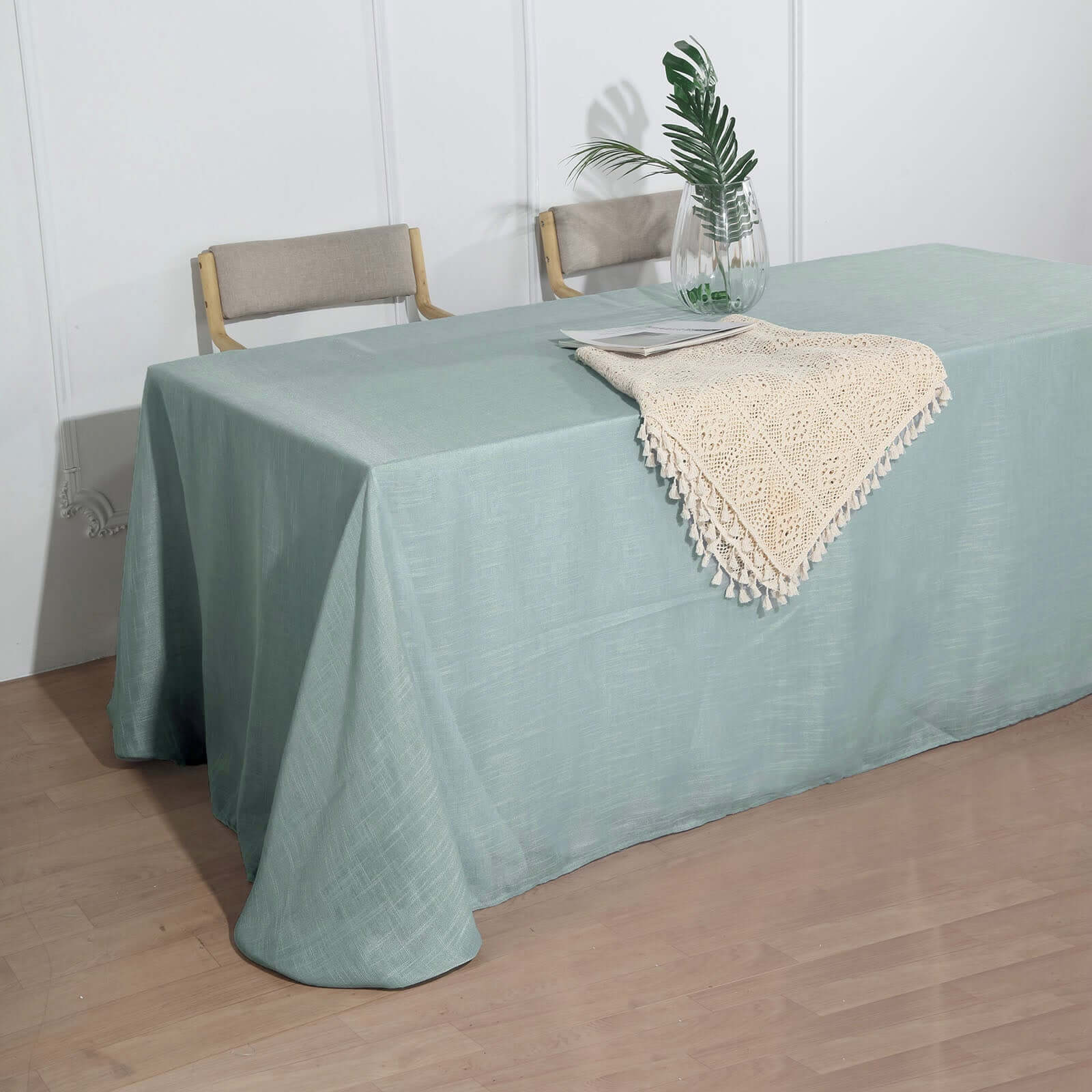 Faux Linen Rectangular Tablecloth 90"x132" Dusty Blue with Slubby Textured - Wrinkle Resistant & Seamless Table Cover - Image 3
