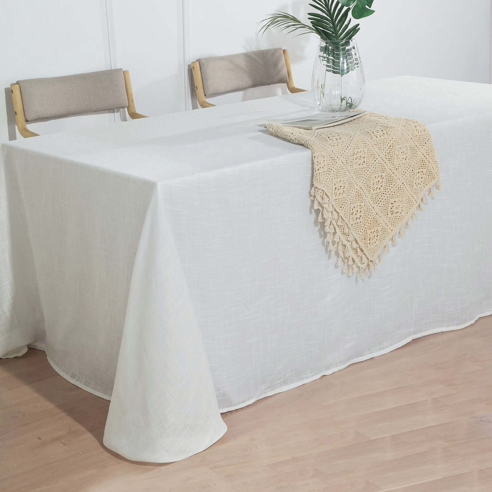 Faux Linen Rectangular Tablecloth 90"x132" White with Slubby Textured - Wrinkle Resistant & Seamless Table Cover for Boho Chic Party Settings - Image 2