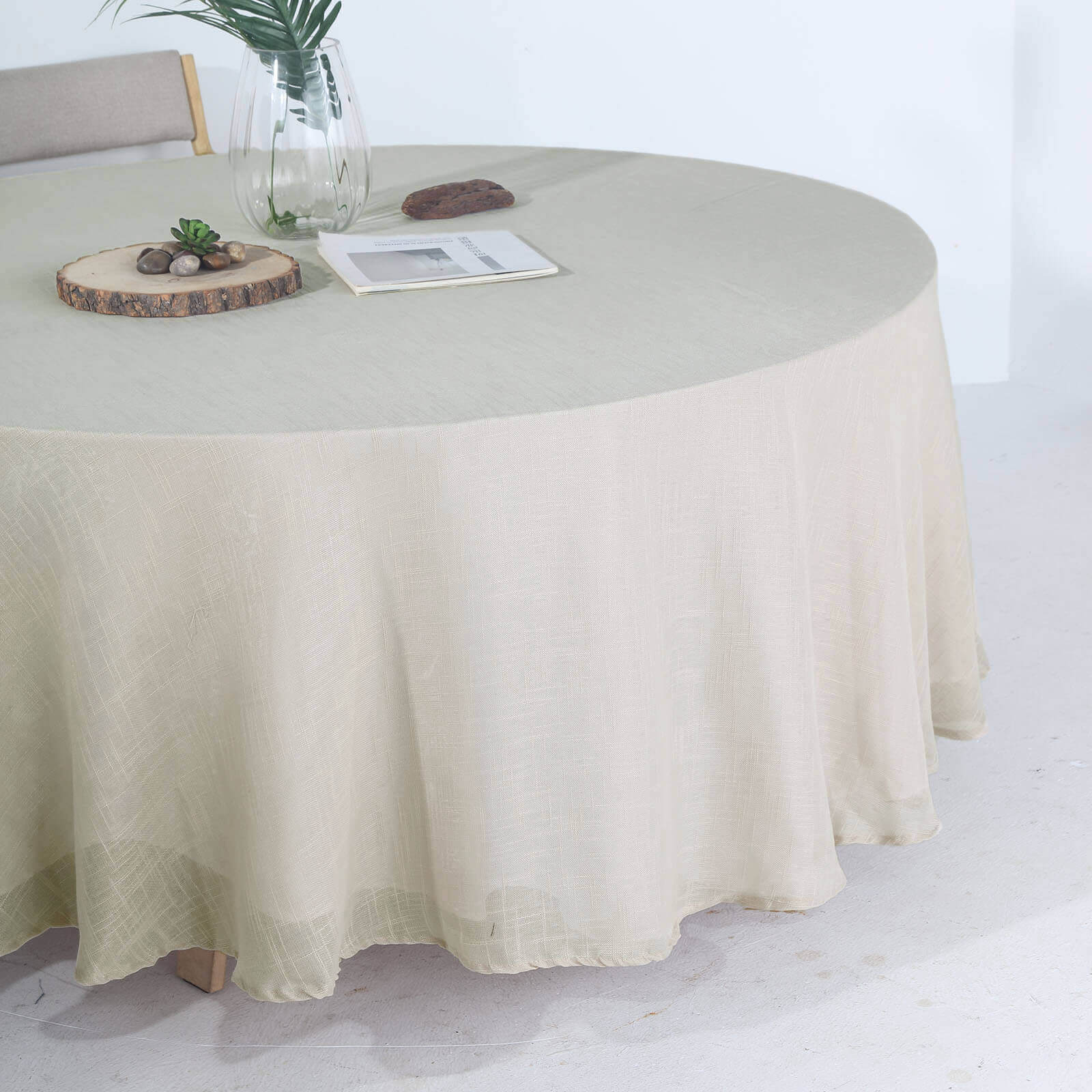 Faux Linen Round Tablecloth 108" Beige - Slubby Textured & Wrinkle Resistant Table Cover - Image 2