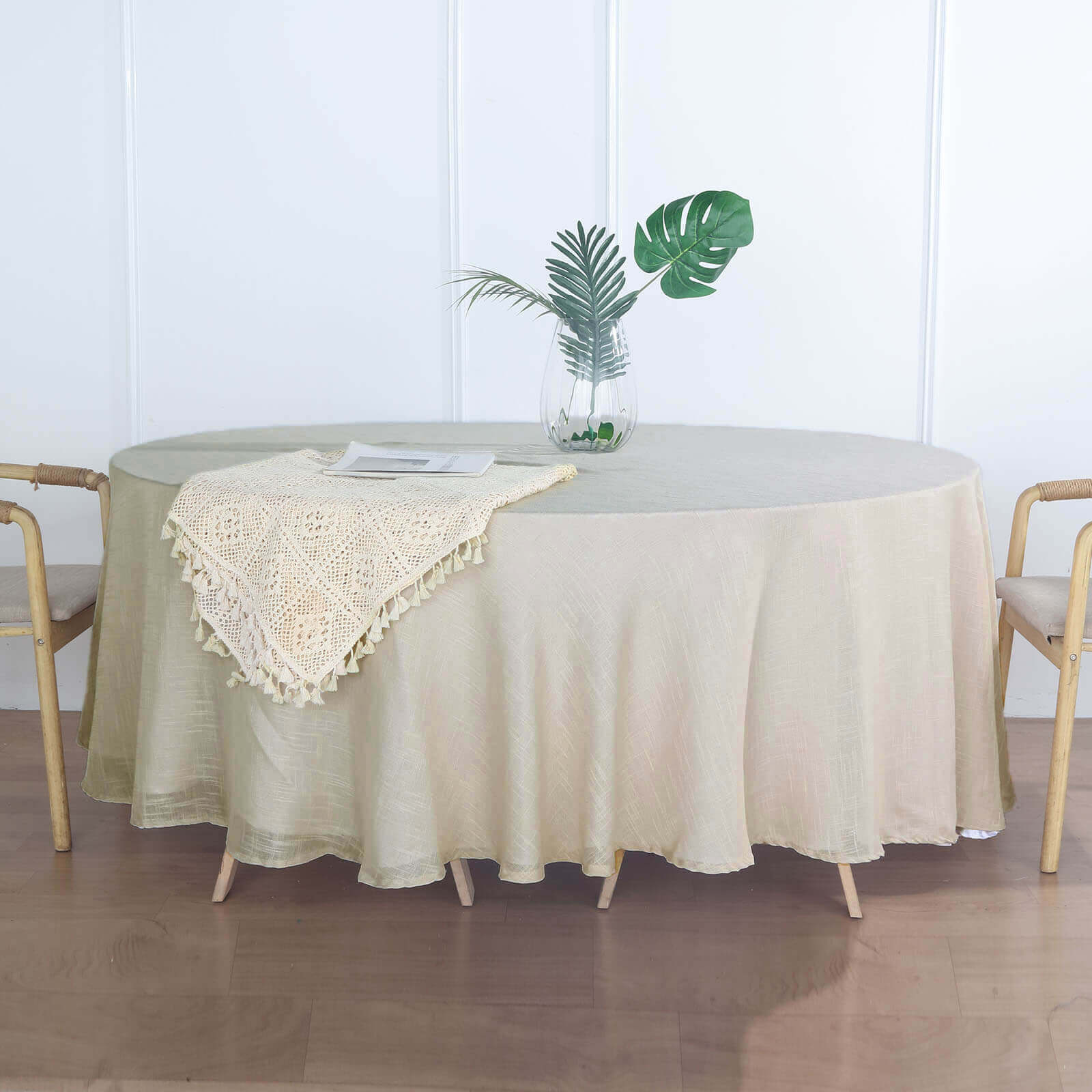 Faux Linen Round Tablecloth 108" Beige - Slubby Textured & Wrinkle Resistant Table Cover - Image 5