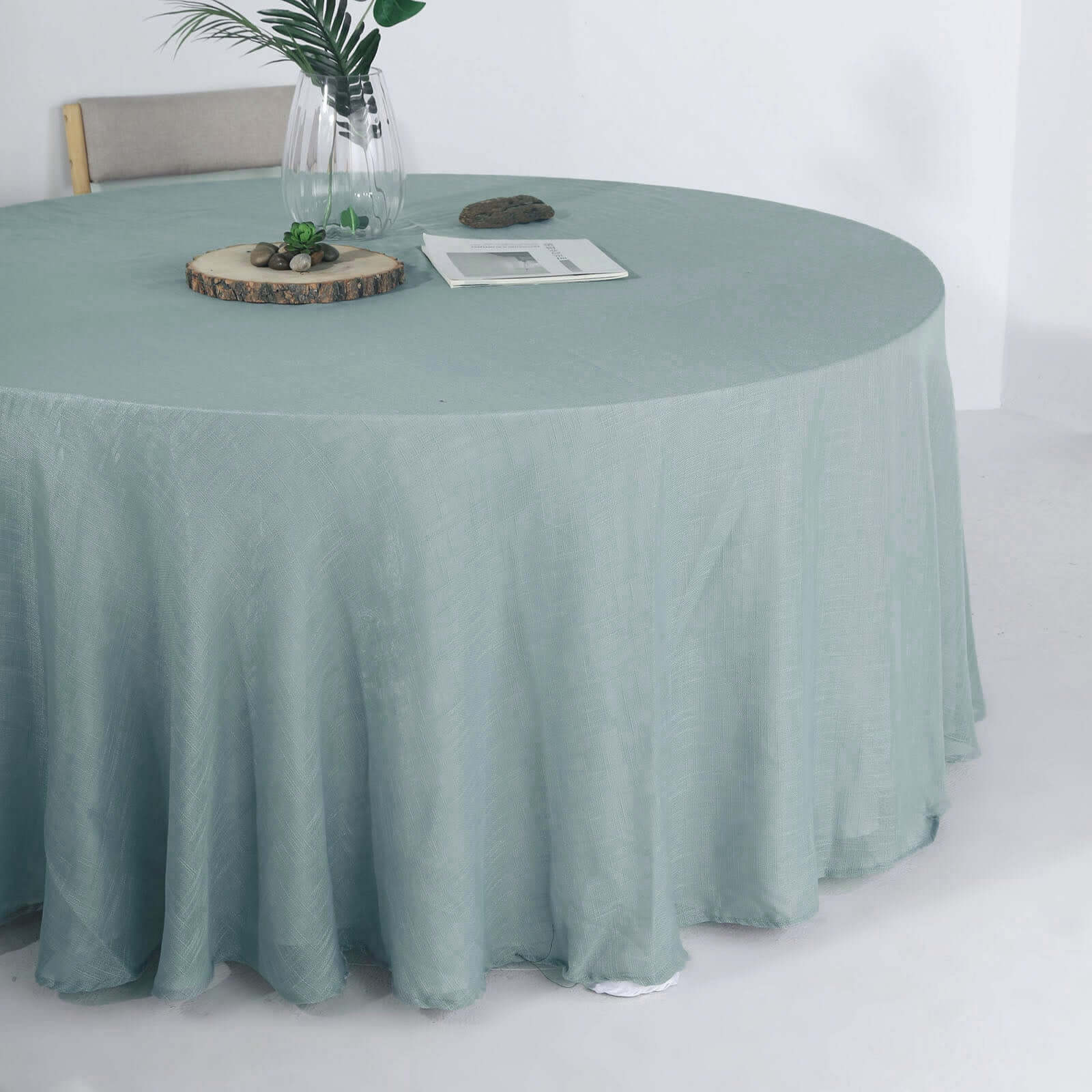 Faux Linen Round Tablecloth 120" Dusty Blue with Slubby Textured - Wrinkle Resistant & Seamless Table Cover - Image 8