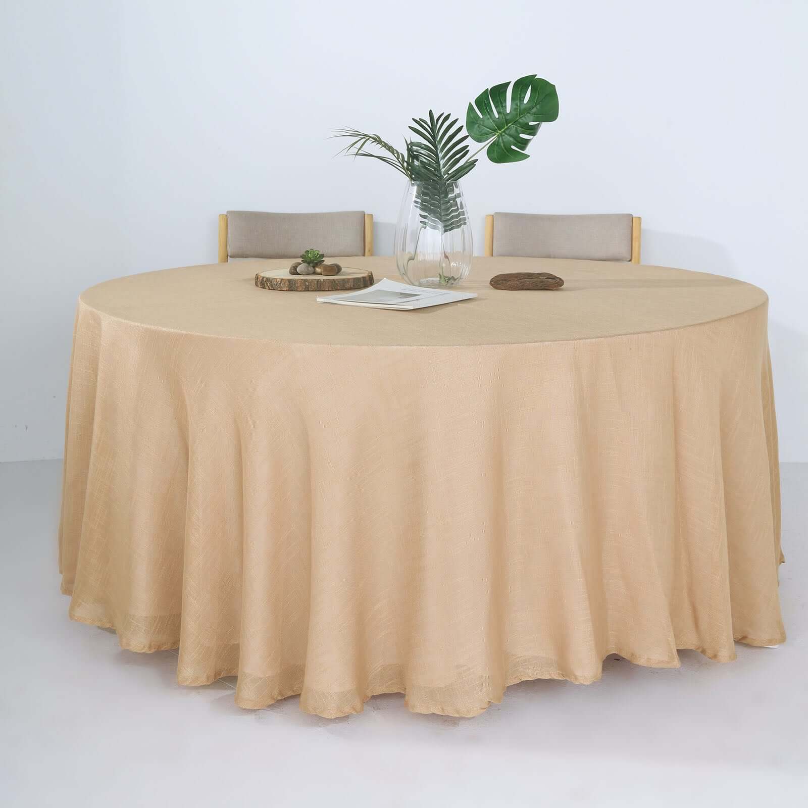 Faux Linen Round Tablecloth 120" Natural with Slubby Textured - Wrinkle Resistant & Seamless Table Cover - Image 2