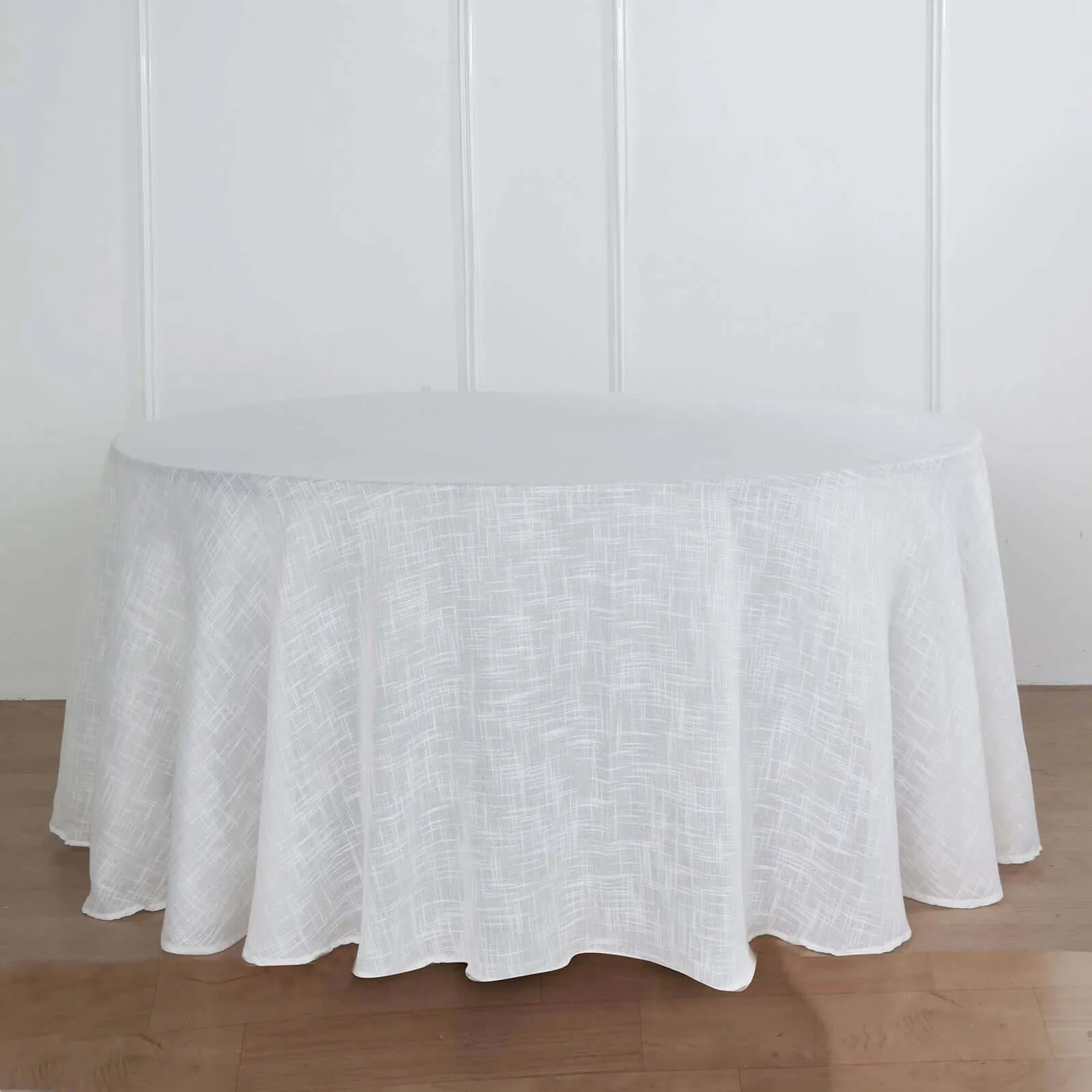 Faux Linen Round Tablecloth 120" White with Slubby Textured - Wrinkle Resistant & Seamless Table Cover for Rustic Events