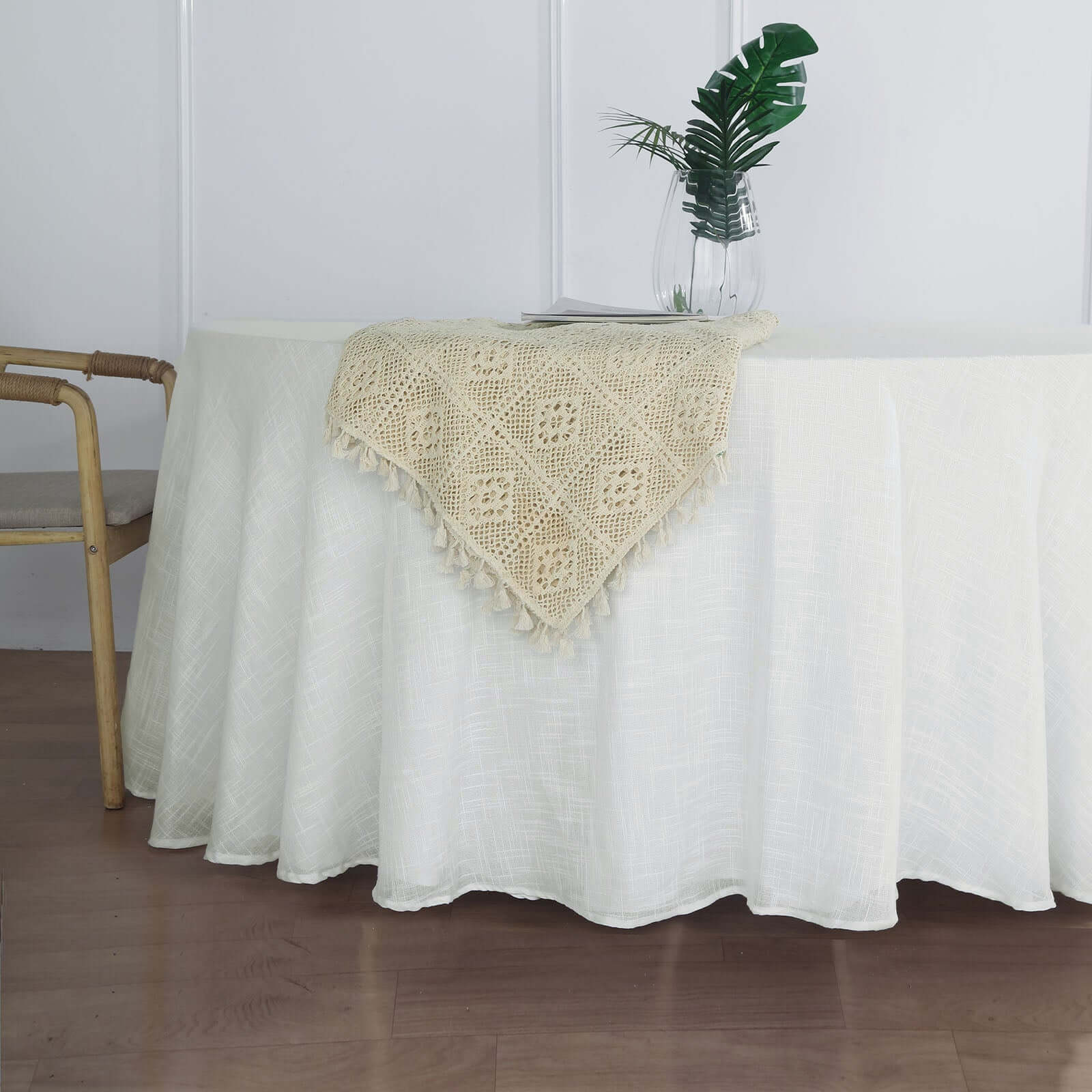 Faux Linen Round Tablecloth 120" White with Slubby Textured - Wrinkle Resistant & Seamless Table Cover for Rustic Events - Image 5