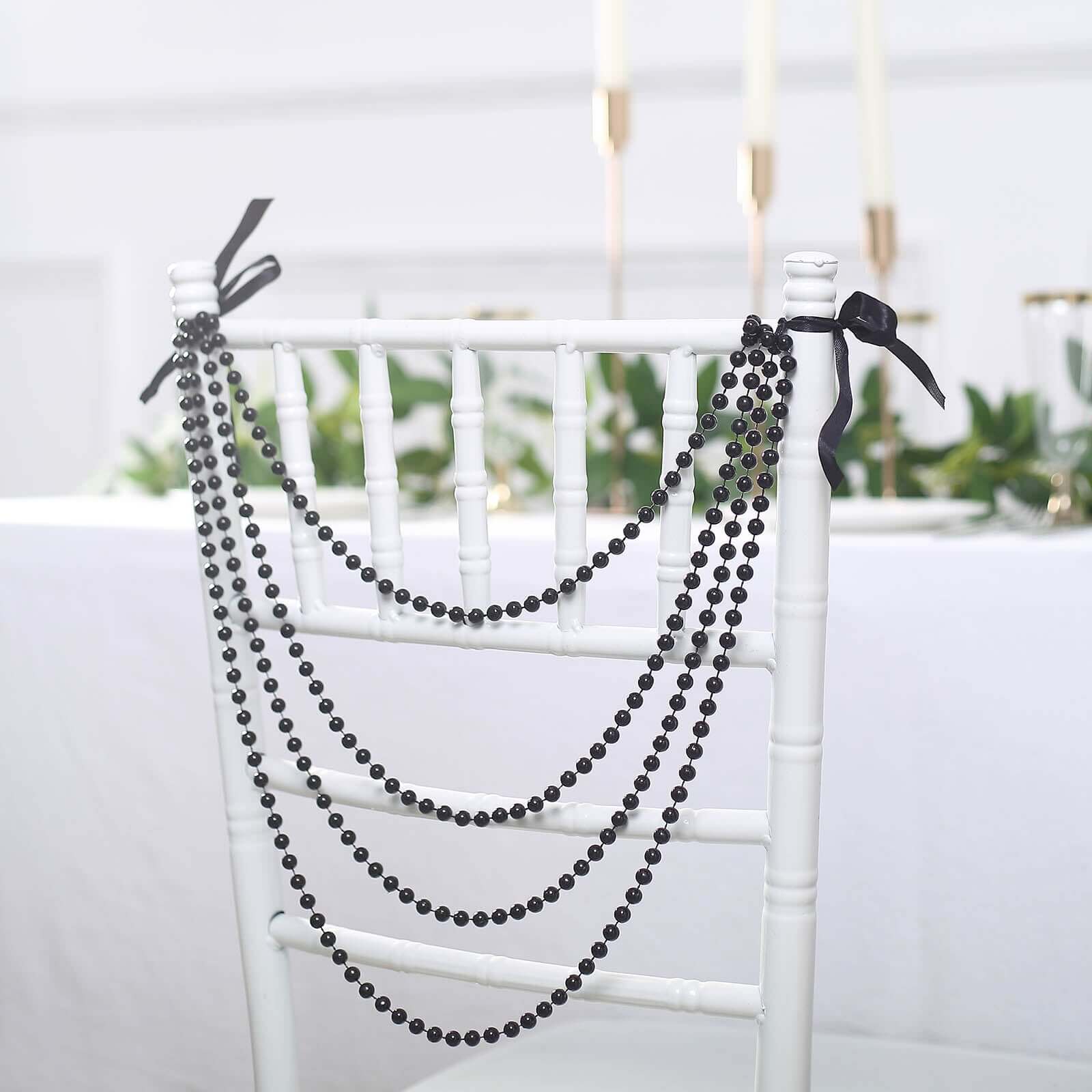 Faux Pearl Beaded Chair Back Garland Sash 16" Black Gatsby-Inspired Design - Pre-Tied Pearl String for Chiavari Chairs - Image 8