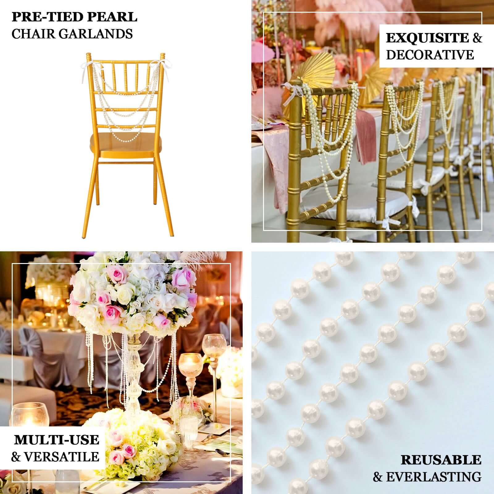 Faux Pearl Beaded Chair Back Garland Sash 16" Iridescent Gatsby-Inspired Design - Pre-Tied Pearl String for Chiavari Chairs - Image 3