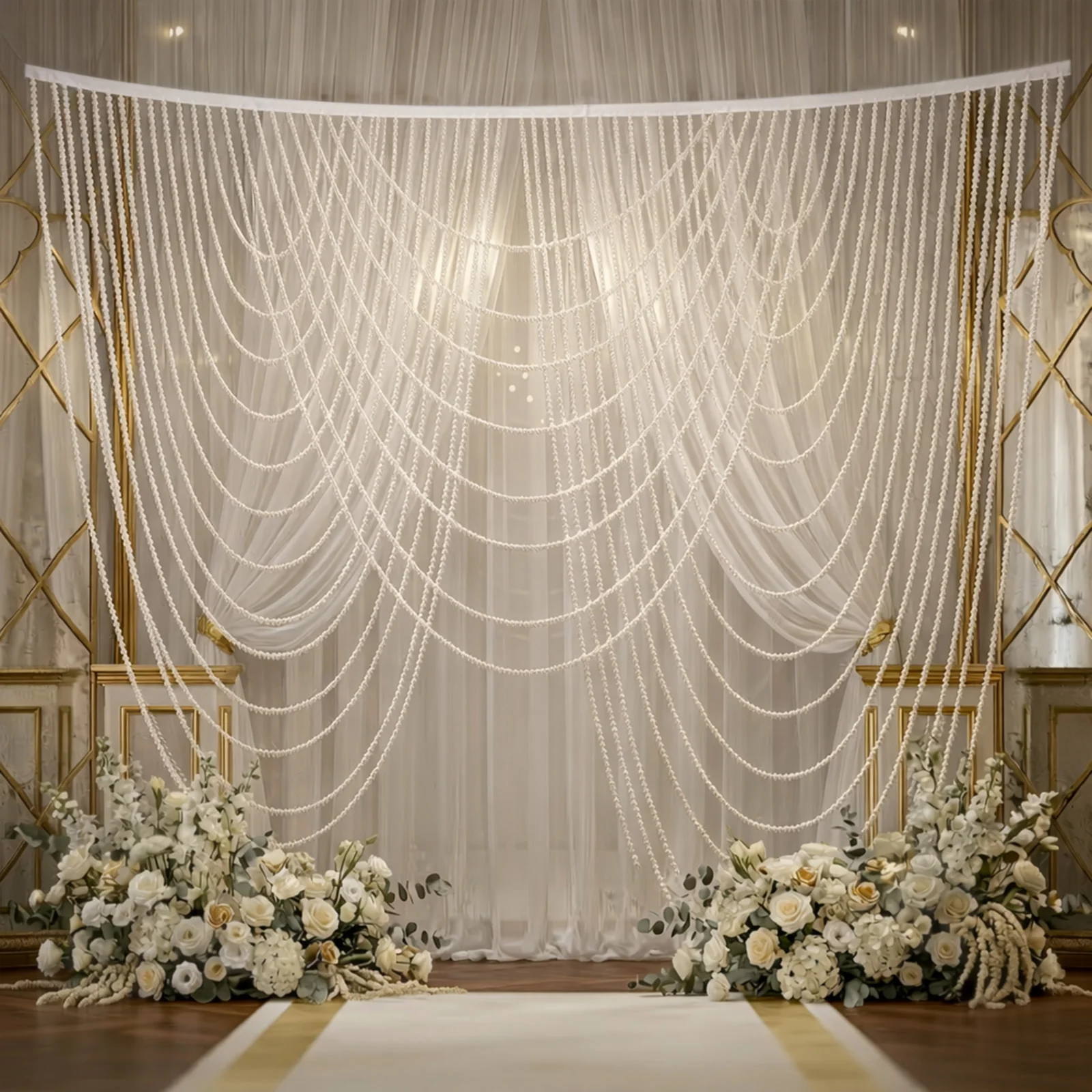 White Faux Pearl Beaded Curtain – Triple Swag Valance Backdrop for Doorway, Arch or Wall Décor, 6.5ft x 6.5ft