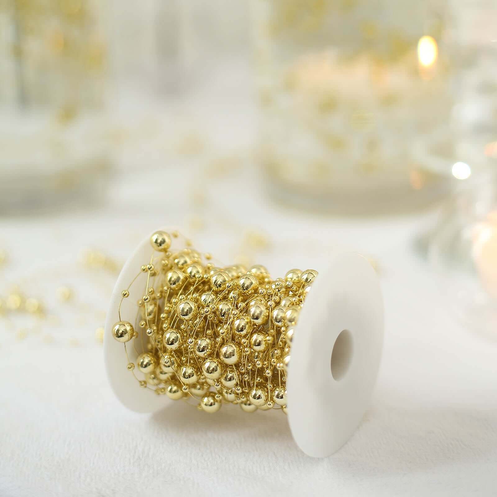 Faux Pearl String Beads Vase Filler, Gold DIY Craft Fishing Line Pearl Chains 100ft - Image 2