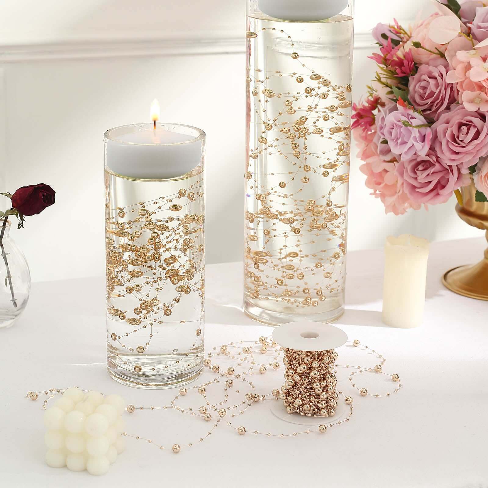 Faux Pearl String Beads Vase Filler, Rose Gold DIY Craft Fishing Line Pearl Chains 100ft - Image 12