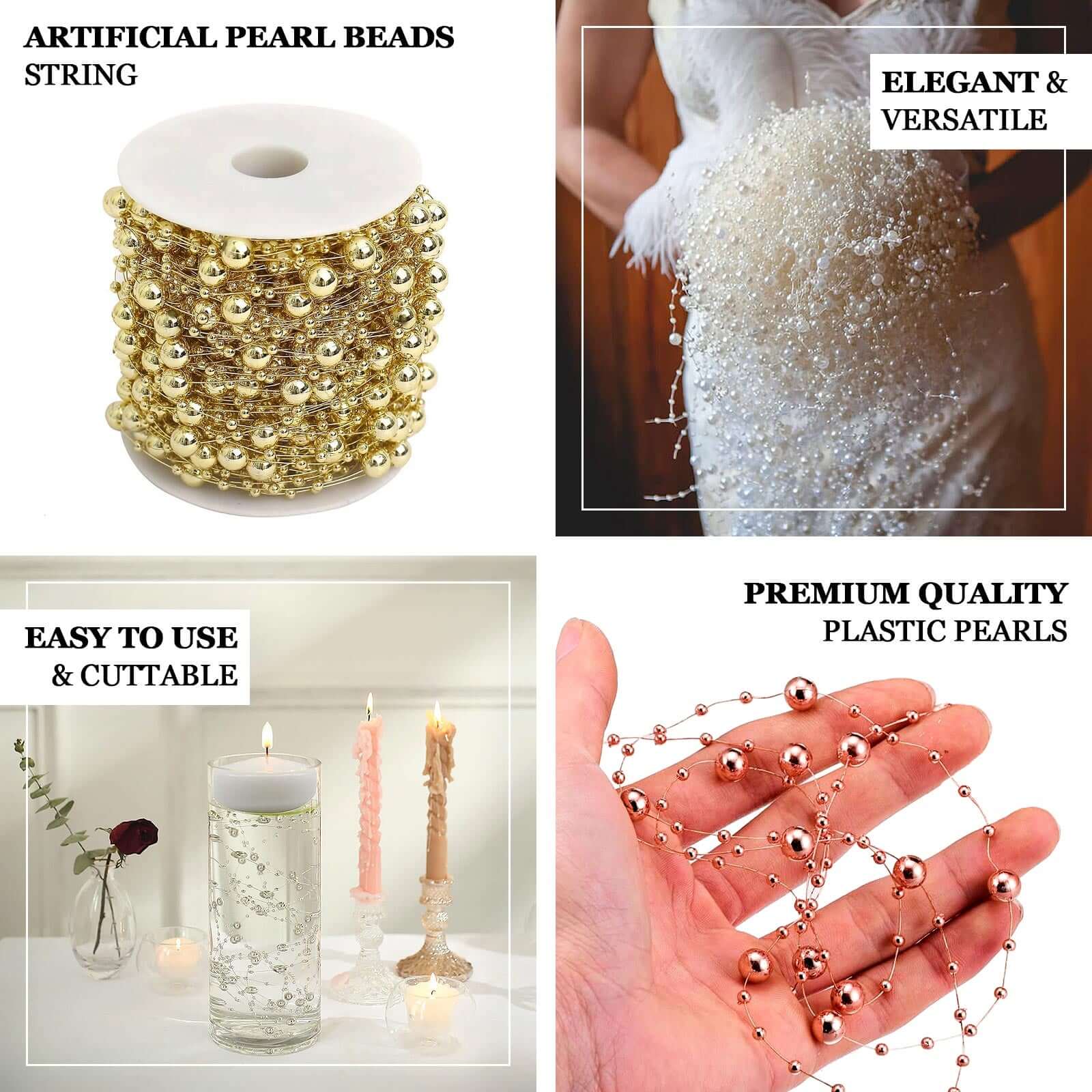 Faux Pearl String Beads Vase Filler, Rose Gold DIY Craft Fishing Line Pearl Chains 100ft - Image 3