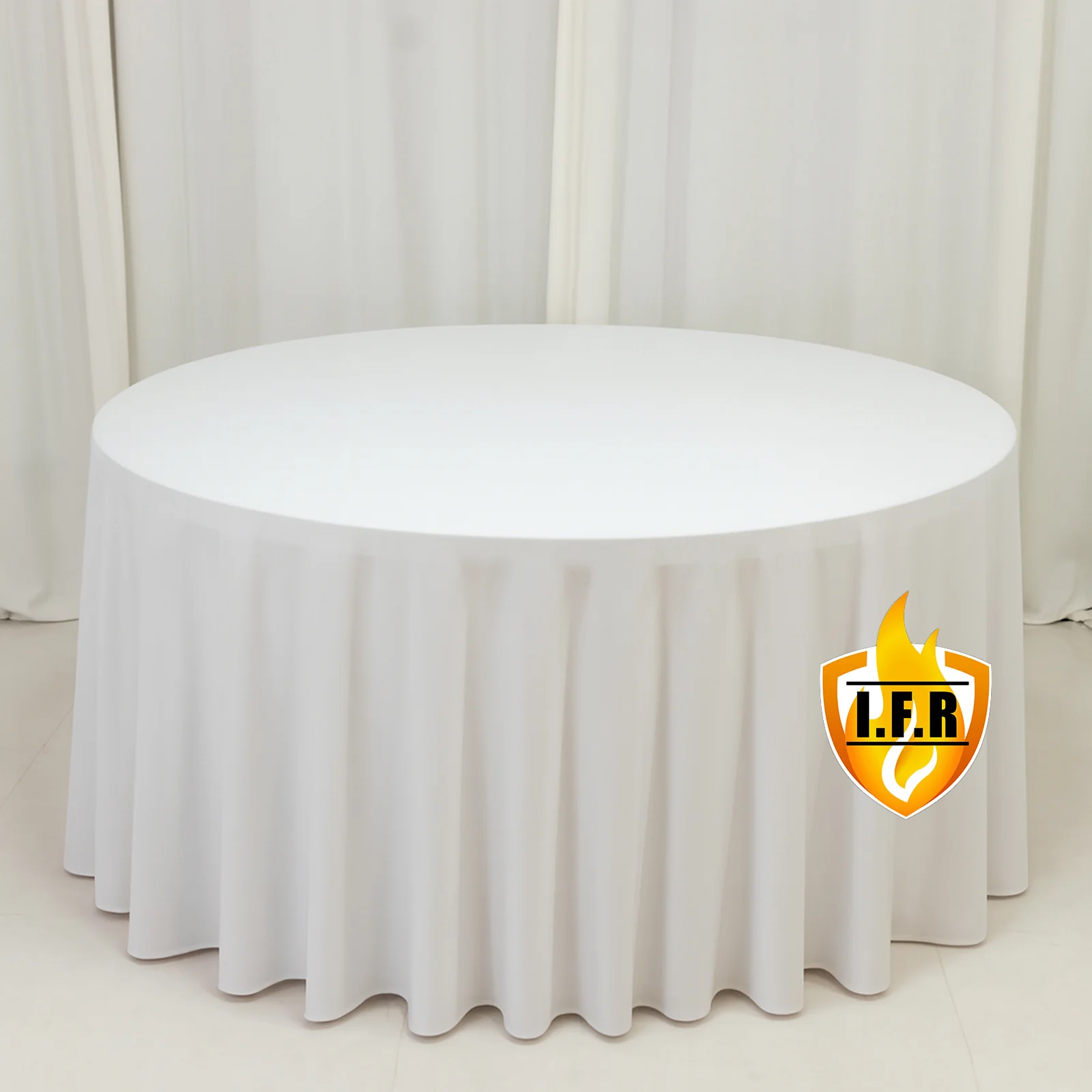 Fire Retardant 120" Round Scuba Polyester Tablecloth – White, Wrinkle Free, Stain Resistant, Seamless Table Cover