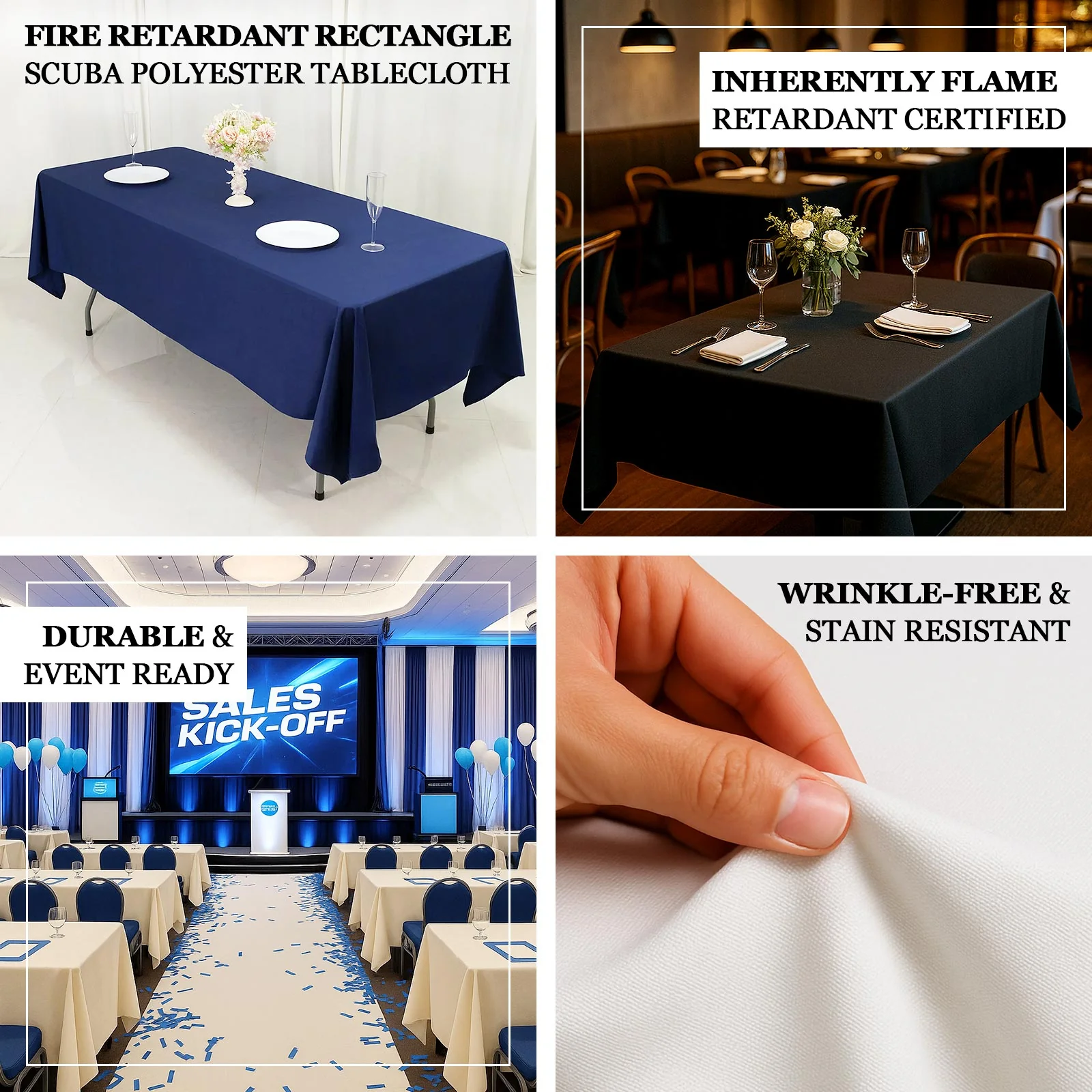 Fire Retardant 60"x126" Rectangle Scuba Polyester Tablecloth – White, Wrinkle Free, Stain Resistant Table Cover - Image 4