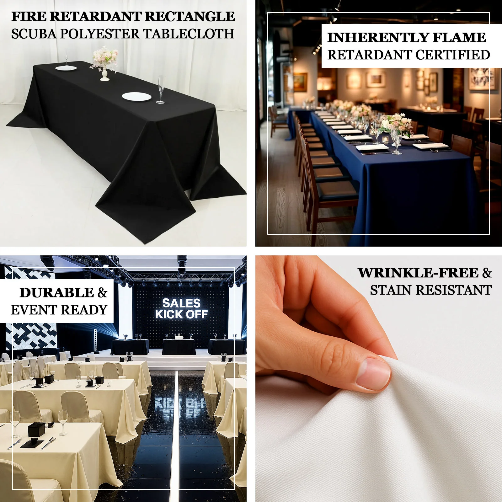 Fire Retardant 90"x132" Rectangle Scuba Polyester Tablecloth – Ivory, Wrinkle Free, Stain Resistant, Seamless Table Cover - Image 4