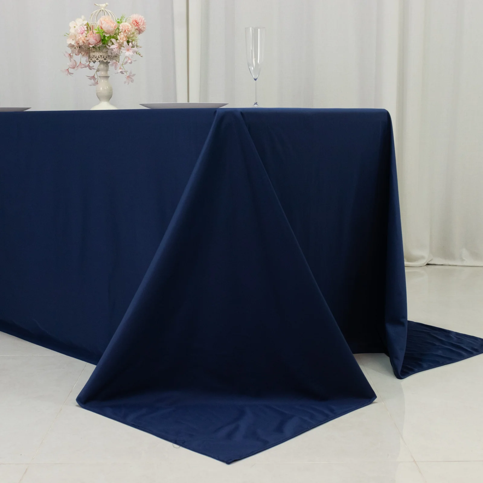 Fire Retardant 90"x132" Rectangle Scuba Polyester Tablecloth – Navy Blue, Wrinkle Free, Stain Resistant, Seamless Table Cover - Image 2