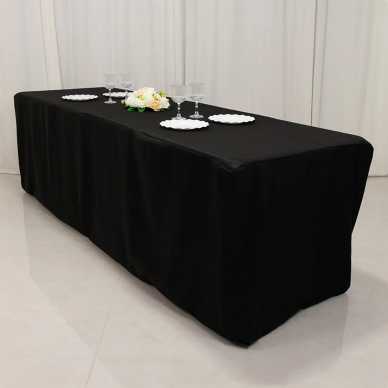 Fitted Polyester Rectangle Tablecloth 96"x24"x30" Black - Designed for Narrow Special Size Tables - Image 2