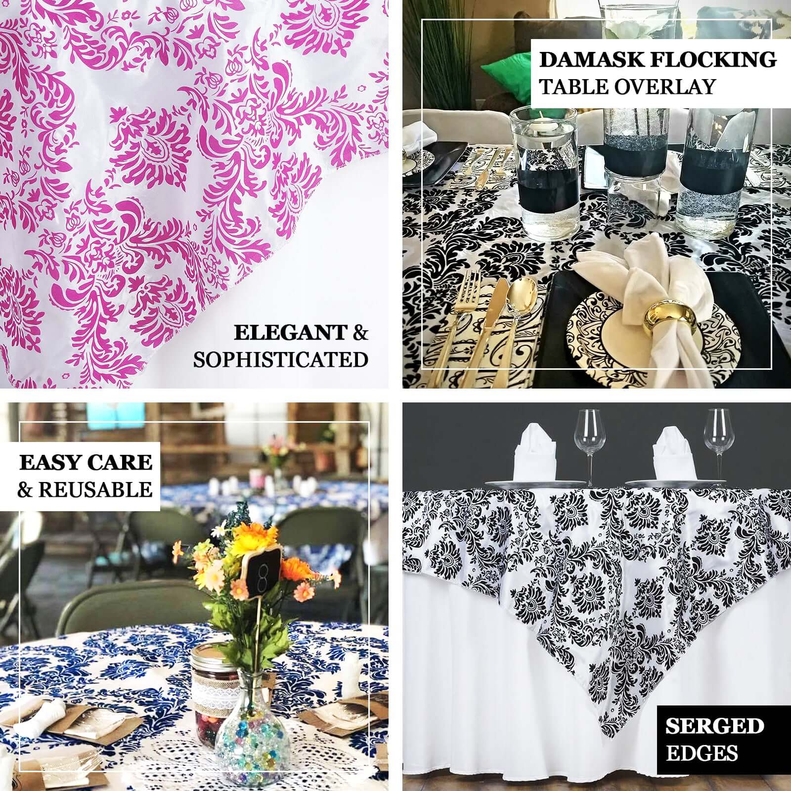 Flocking Square Table Overlay 60"x60" Black Damask Design - Sophisticated Decor for Banquets and Receptions - Image 4