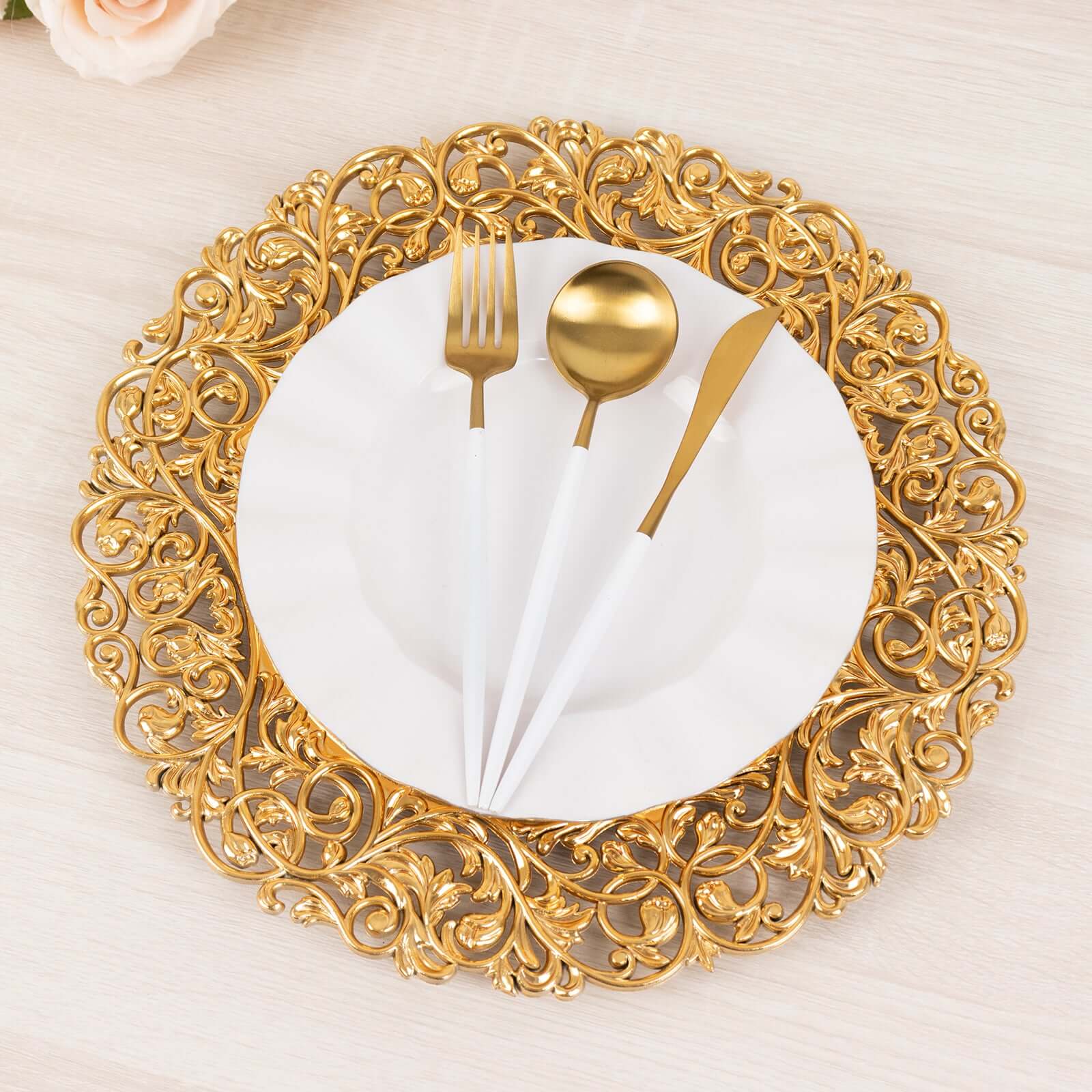 6-Pack Acrylic Charger Plates 13" Round Gold with Vintage Floral Carved Rim - Event Tabletop Decorative Charger Tableware - Image 2