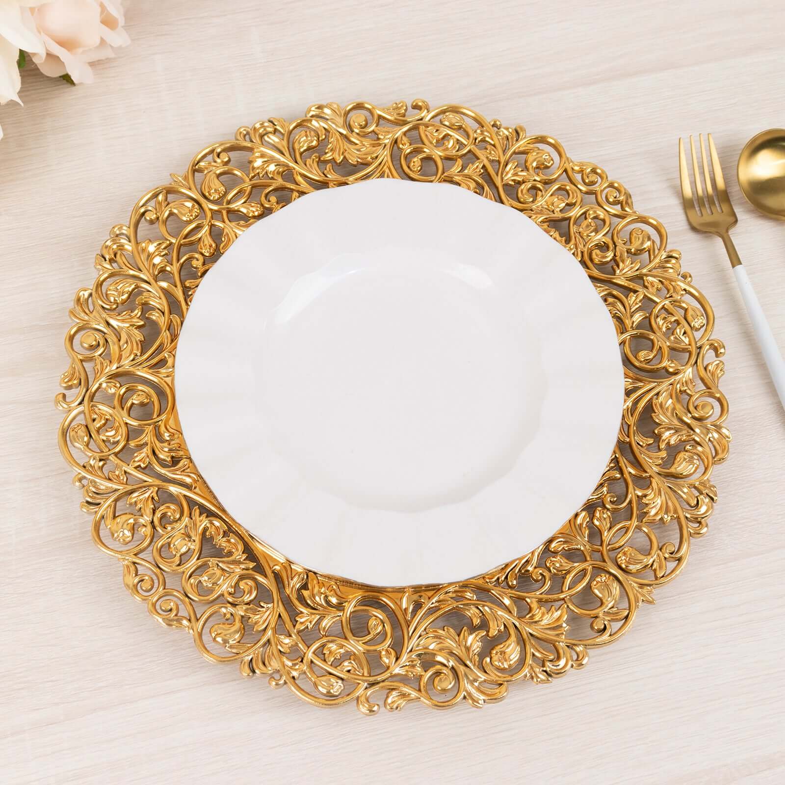 6-Pack Acrylic Charger Plates 13" Round Gold with Vintage Floral Carved Rim - Event Tabletop Decorative Charger Tableware - Image 7