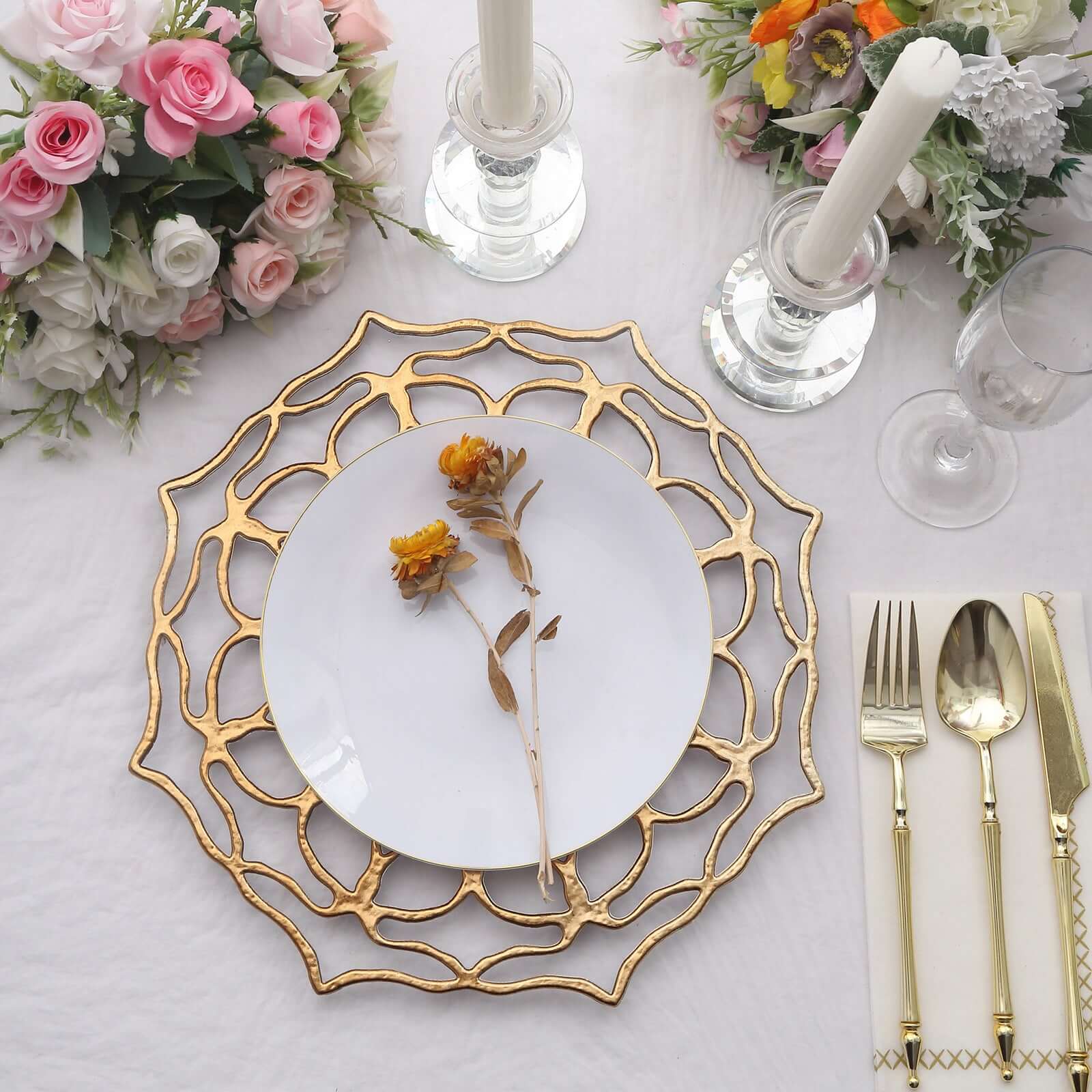 6-Pack Acrylic Charger Plates 13" Round Gold Floral Cutout Design - Hollow Flower Plastic Decorative Dinner Party Charger Tableware - Image 2