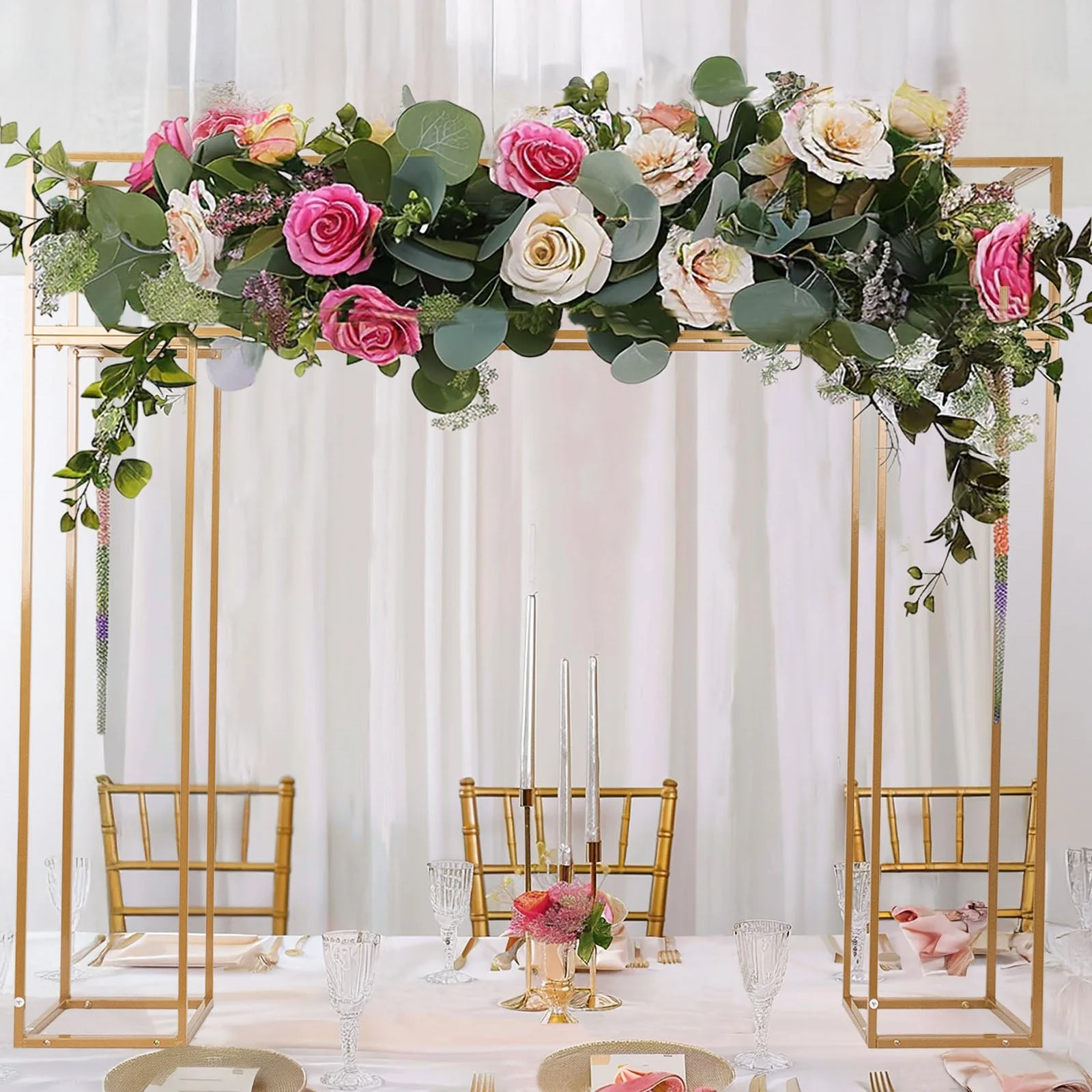Freestanding Over the Table Rod in Gold, Rectangular Double Frame Table Top Stand for Floral Balloon Décor - 5ft