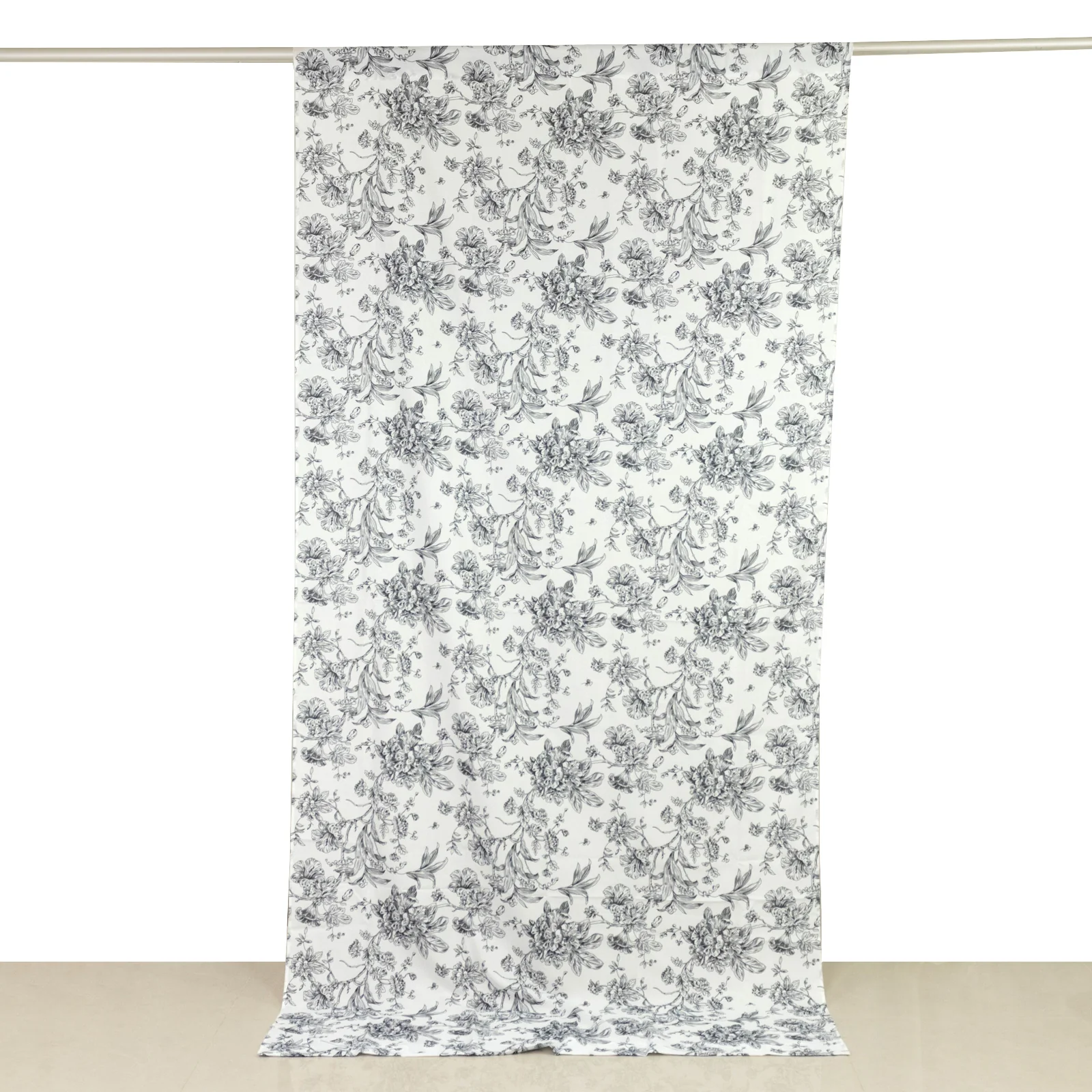 French Toile Backdrop Curtain – 5ft x 10ft Polyester Drape Panel, Black Floral, Rod Pocket Design
