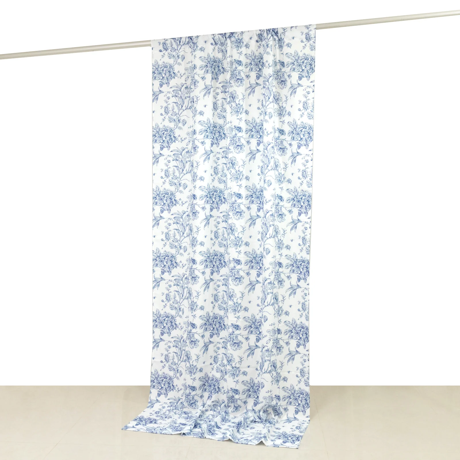 French Toile Backdrop Curtain – 5ft x 10ft Polyester Drape Panel, Blue Floral, Rod Pocket Design - Image 3
