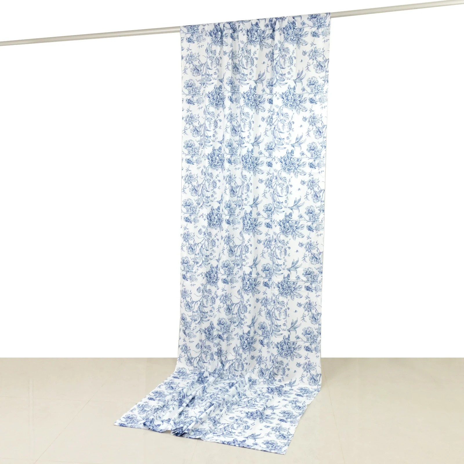 French Toile Backdrop Curtain – 5ft x 12ft Polyester Drape Panel, Blue Floral, Rod Pocket Design - Image 2