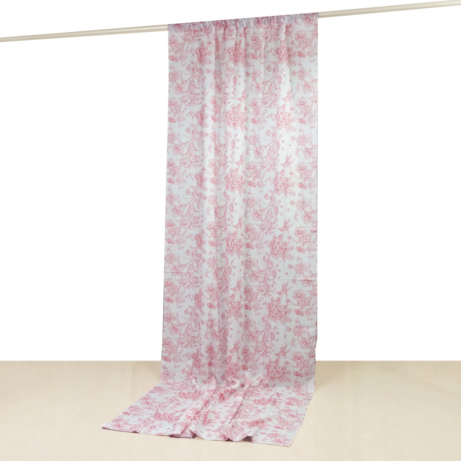 French Toile Backdrop Curtain – 5ft x 12ft Polyester Drape Panel, Pink Floral, Rod Pocket Design - Image 2