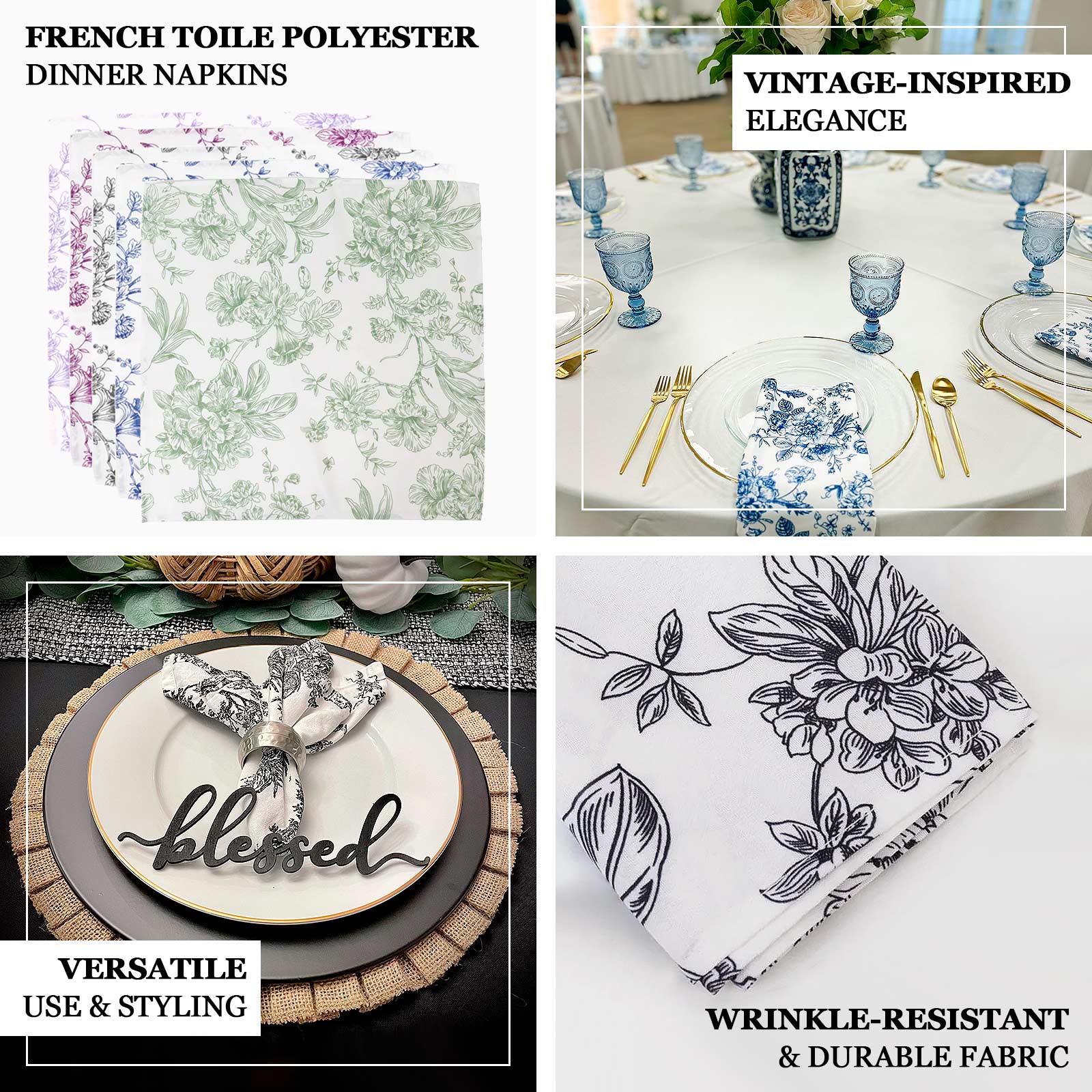 5-Pack French Toile Cloth Napkins – 17"x17" Black and White Reusable Polyester Table Napkins in Floral Design for Events & Dining - Image 4