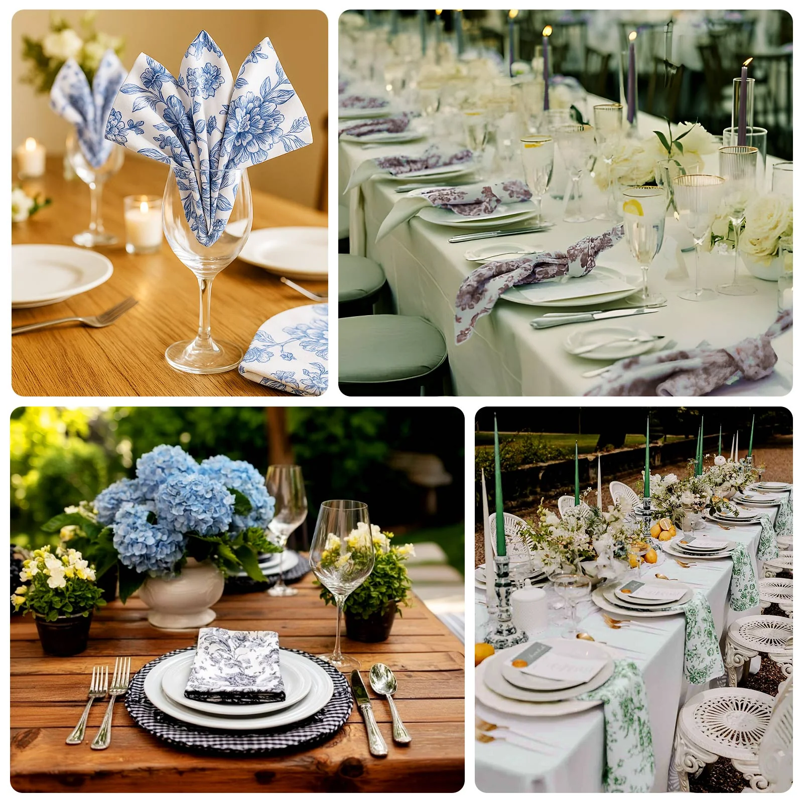 5-Pack French Toile Cloth Napkins – 17"x17" Blue and White Reusable Polyester Table Napkins in Floral Design for Events & Dining - Image 5