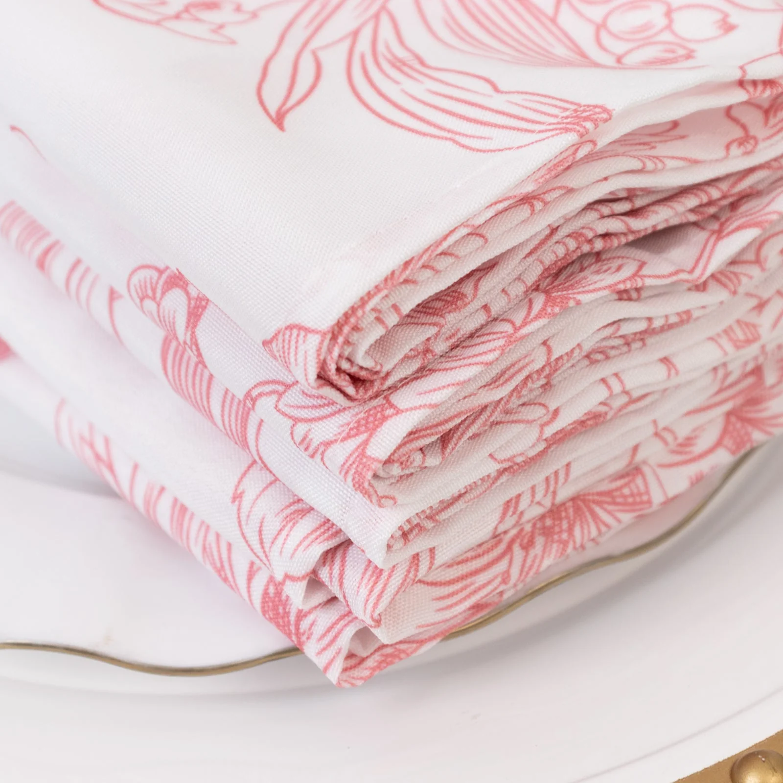 5-Pack French Toile Cloth Napkins – 17"x17" Pink and White Reusable Polyester Table Napkins in Floral Design for Events & Dining - Image 8