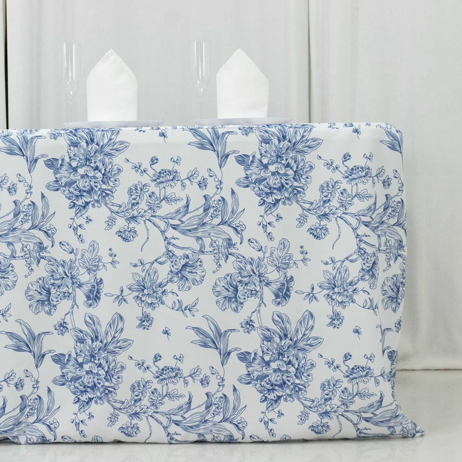 French Toile Fitted Polyester Tablecloth 6ft – Blue & White Rectangular Wrinkle-Resistant Table Cover - Image 2