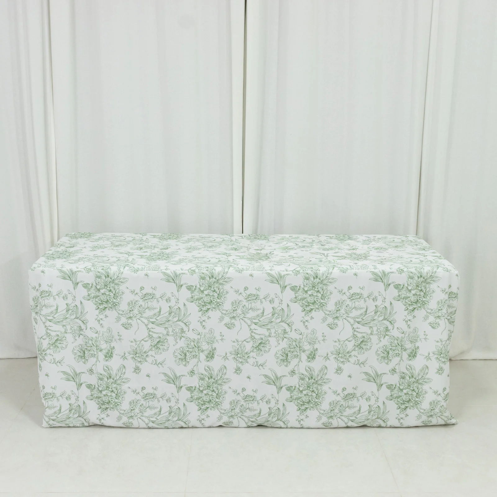 French Toile Fitted Polyester Tablecloth 6ft – Dusty Sage Green & White Rectangular Wrinkle-Resistant Table Cover