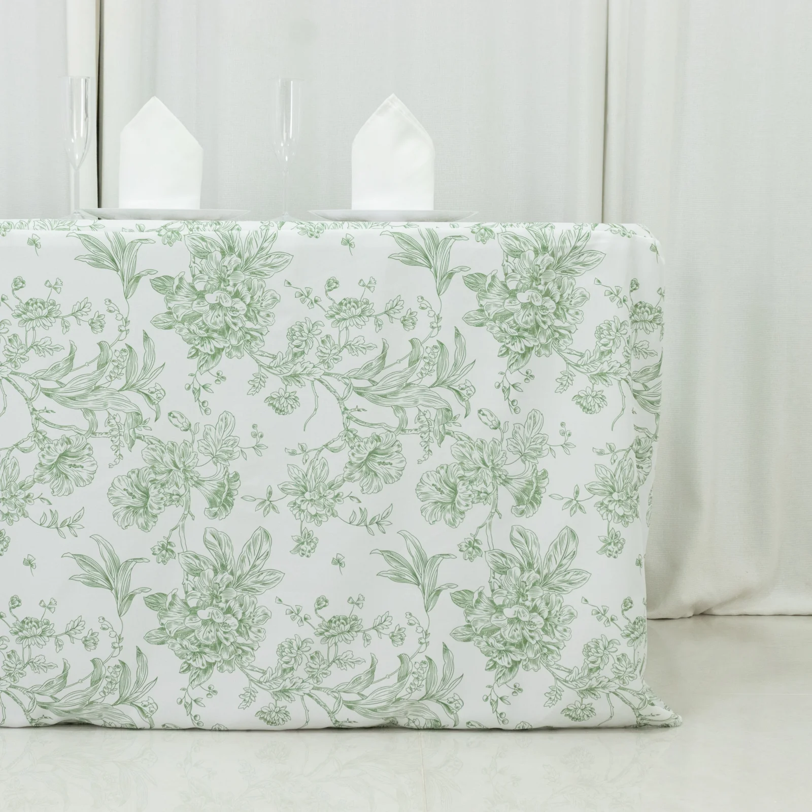 French Toile Fitted Polyester Tablecloth 6ft – Dusty Sage Green & White Rectangular Wrinkle-Resistant Table Cover - Image 2