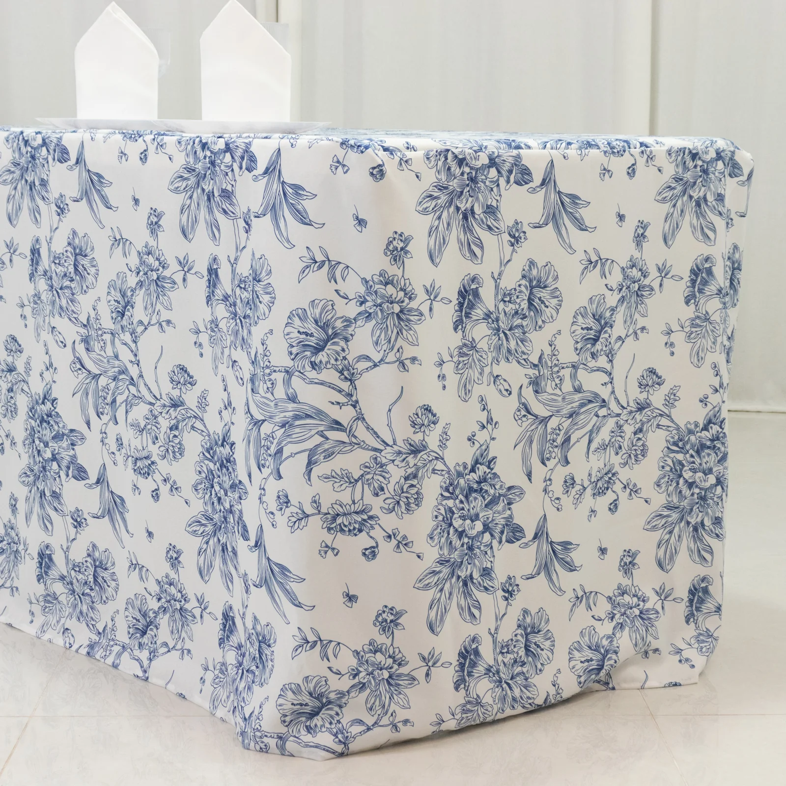 French Toile Fitted Polyester Tablecloth 8ft – Blue & White Rectangular Wrinkle-Resistant Table Cover - Image 2