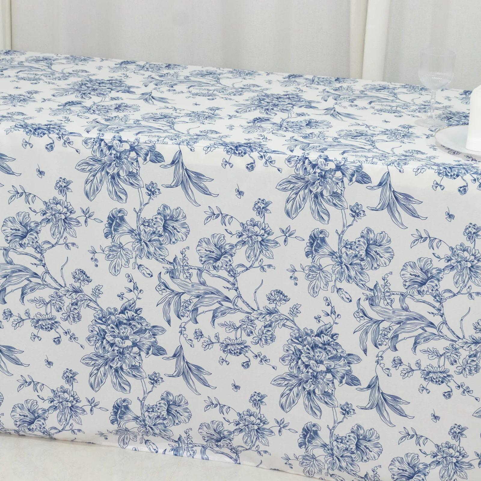 French Toile Fitted Polyester Tablecloth 8ft – Blue & White Rectangular Wrinkle-Resistant Table Cover - Image 4