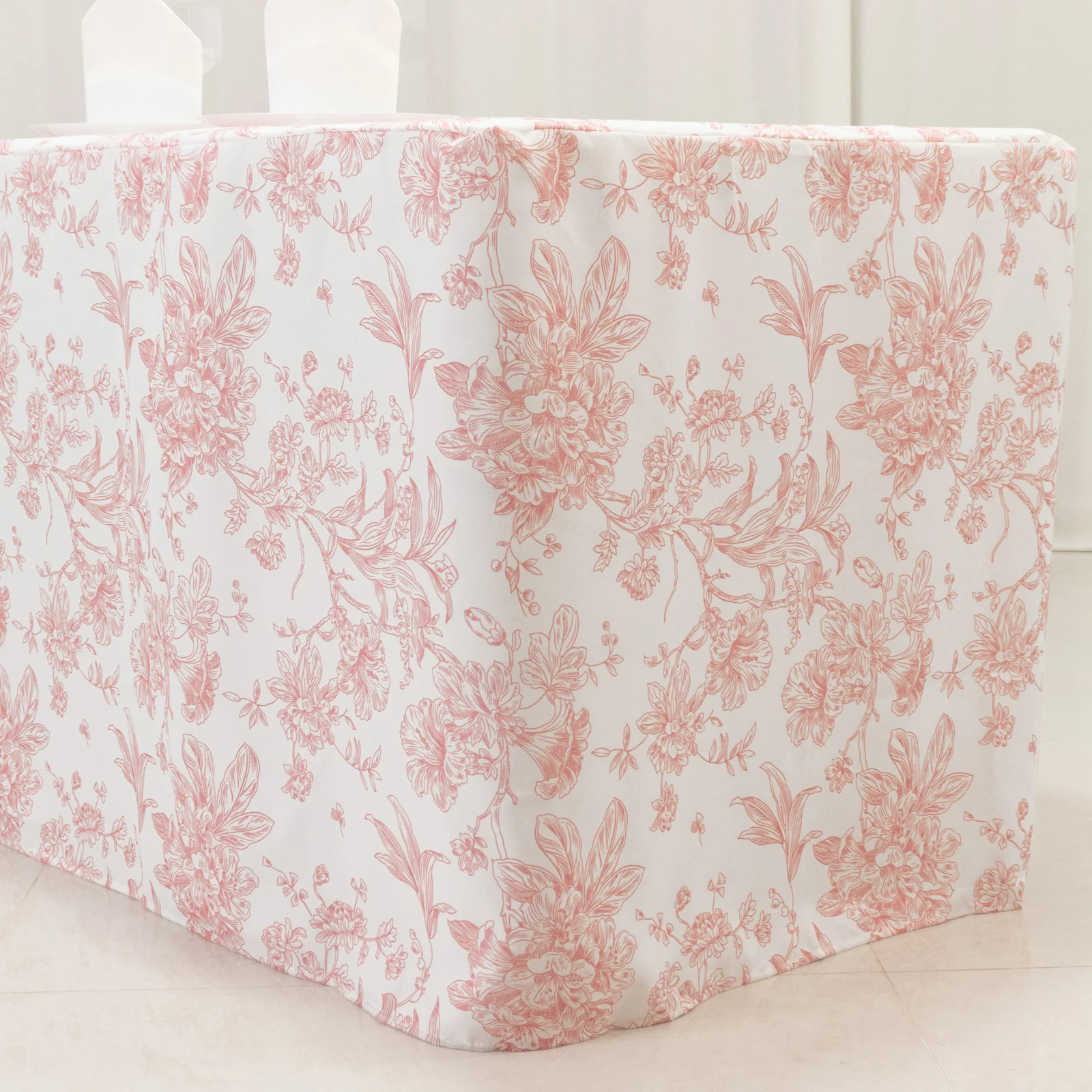 French Toile Fitted Polyester Tablecloth 8ft – Pink & White Rectangular Wrinkle-Resistant Table Cover - Image 2