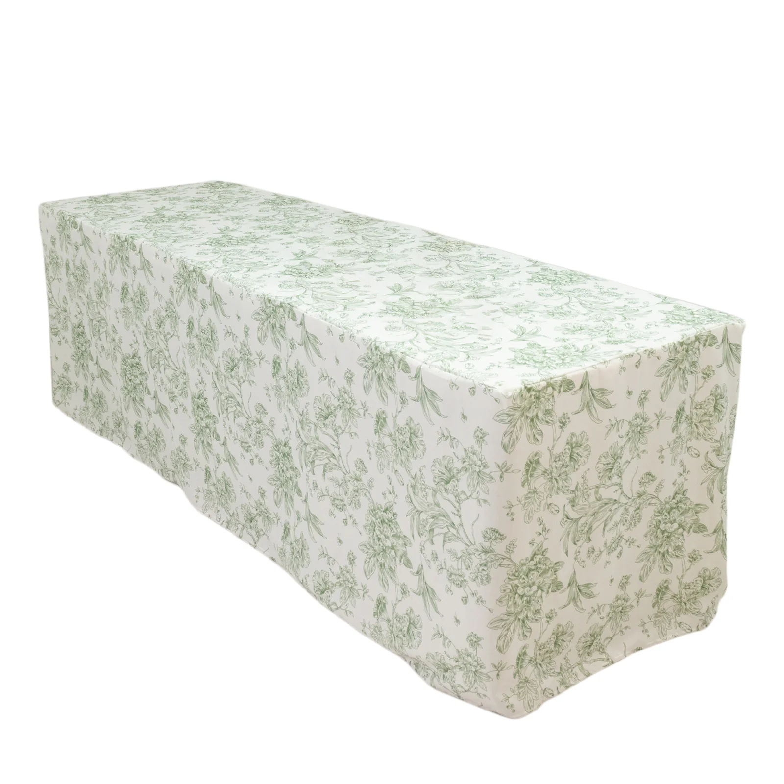 French Toile Fitted Polyester Tablecloth 8ft – Dusty Sage Green & White Rectangular Wrinkle-Resistant Table Cover - Image 3