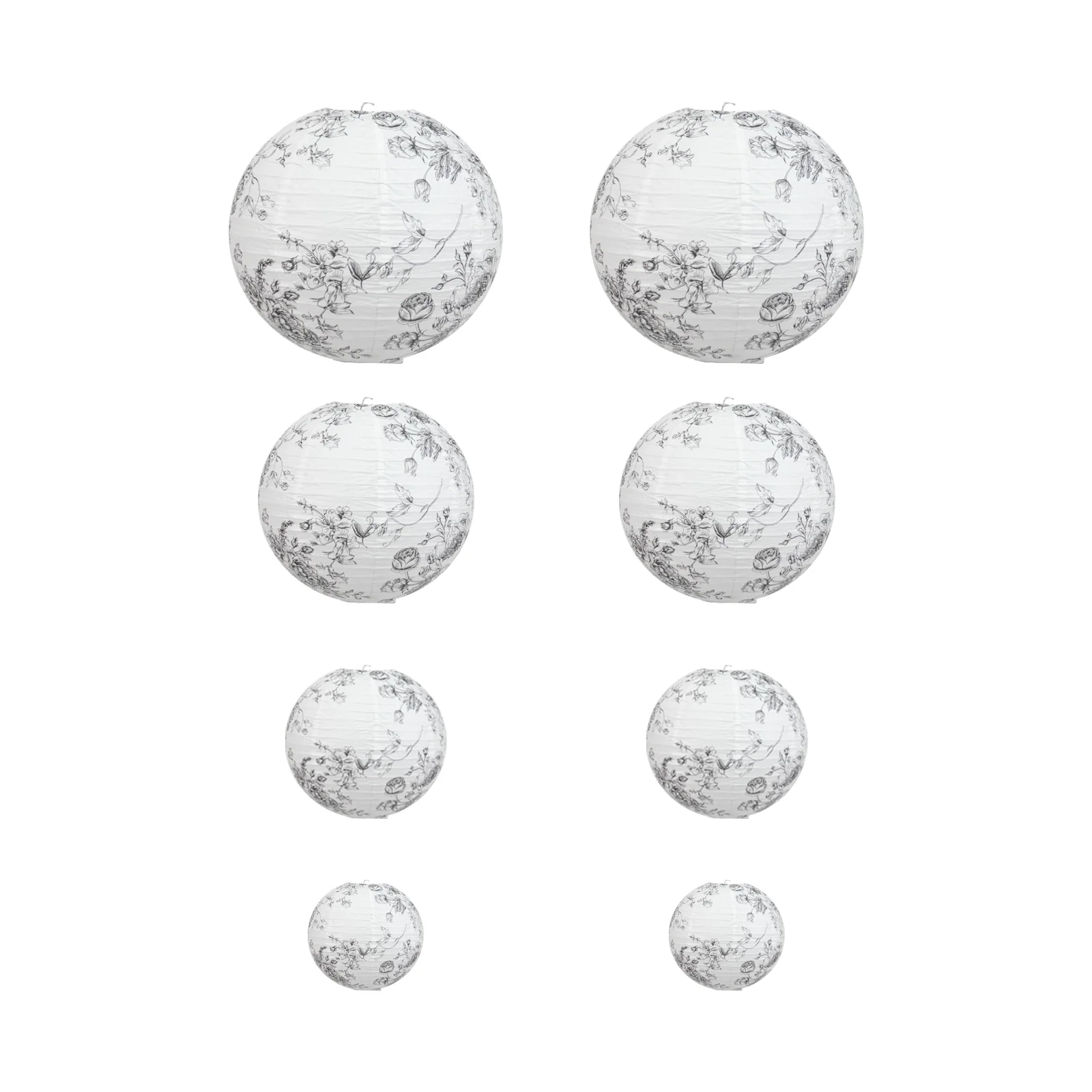 Set of 8 French Toile Hanging Paper Lanterns White with Black Floral Pattern, Decorative Lanterns - 6", 8", 10", 14" - Image 2