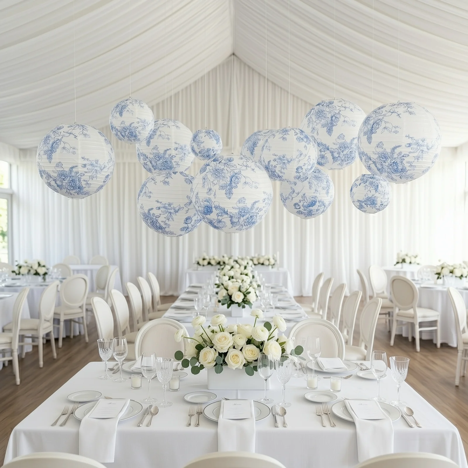 Set of 8 French Toile Hanging Paper Lanterns White with Blue Floral Pattern, Decorative Lanterns - 6", 8", 10", 14"