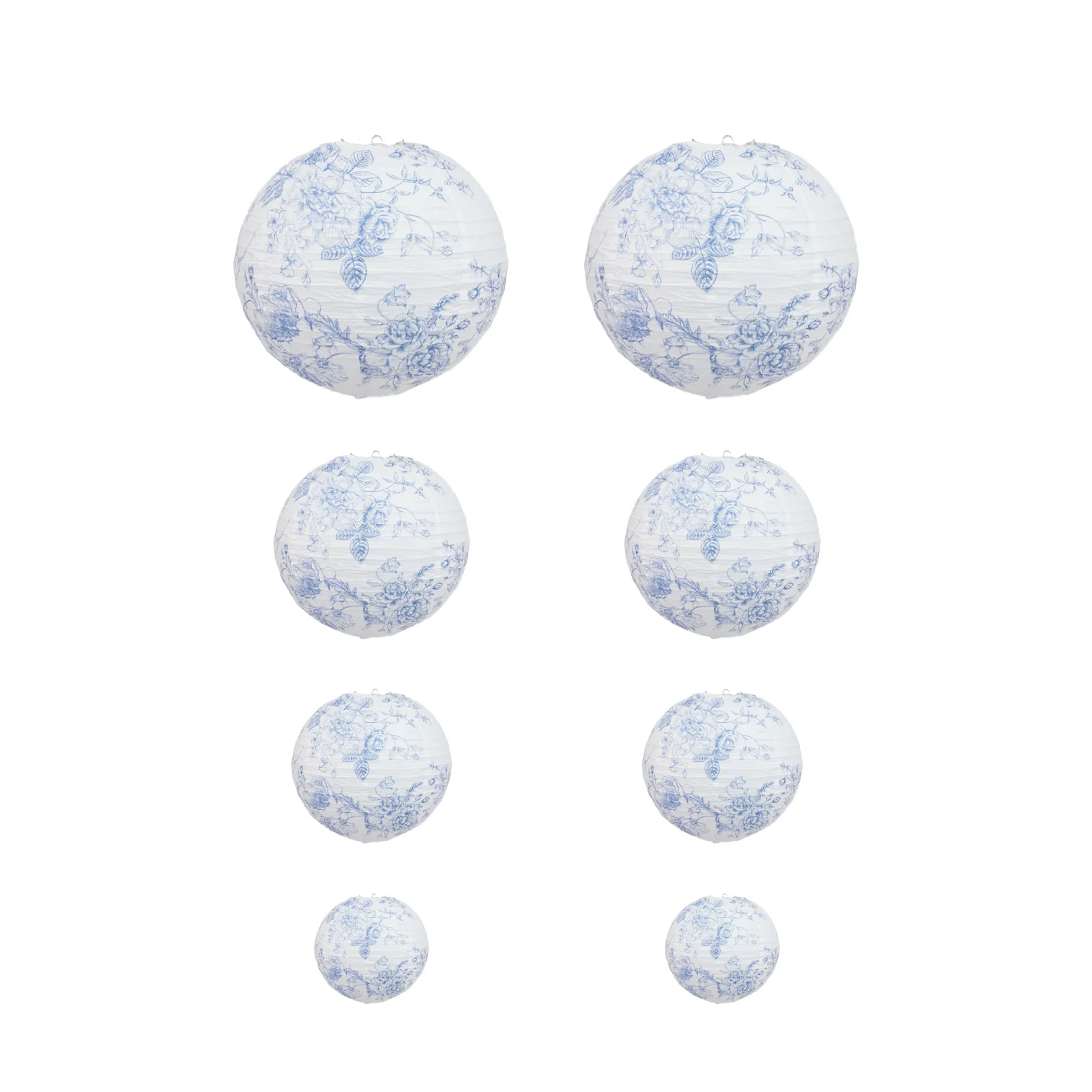 Set of 8 French Toile Hanging Paper Lanterns White with Blue Floral Pattern, Decorative Lanterns - 6", 8", 10", 14" - Image 2