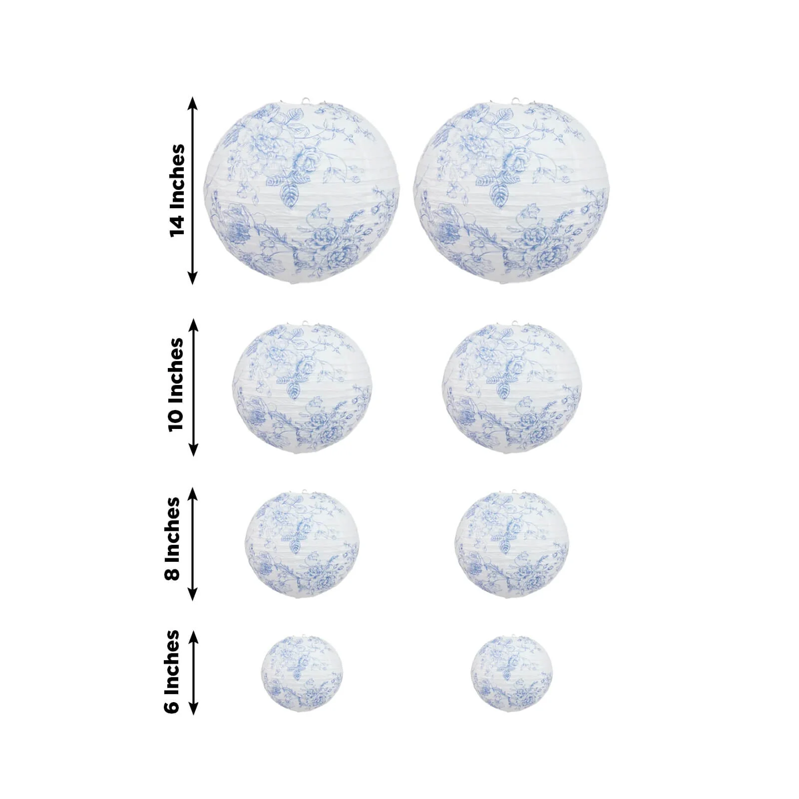 Set of 8 French Toile Hanging Paper Lanterns White with Blue Floral Pattern, Decorative Lanterns - 6", 8", 10", 14" - Image 3