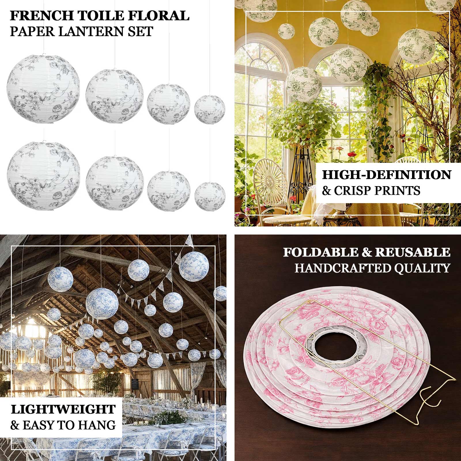 Set of 8 French Toile Hanging Paper Lanterns White with Blue Floral Pattern, Decorative Lanterns - 6", 8", 10", 14" - Image 4