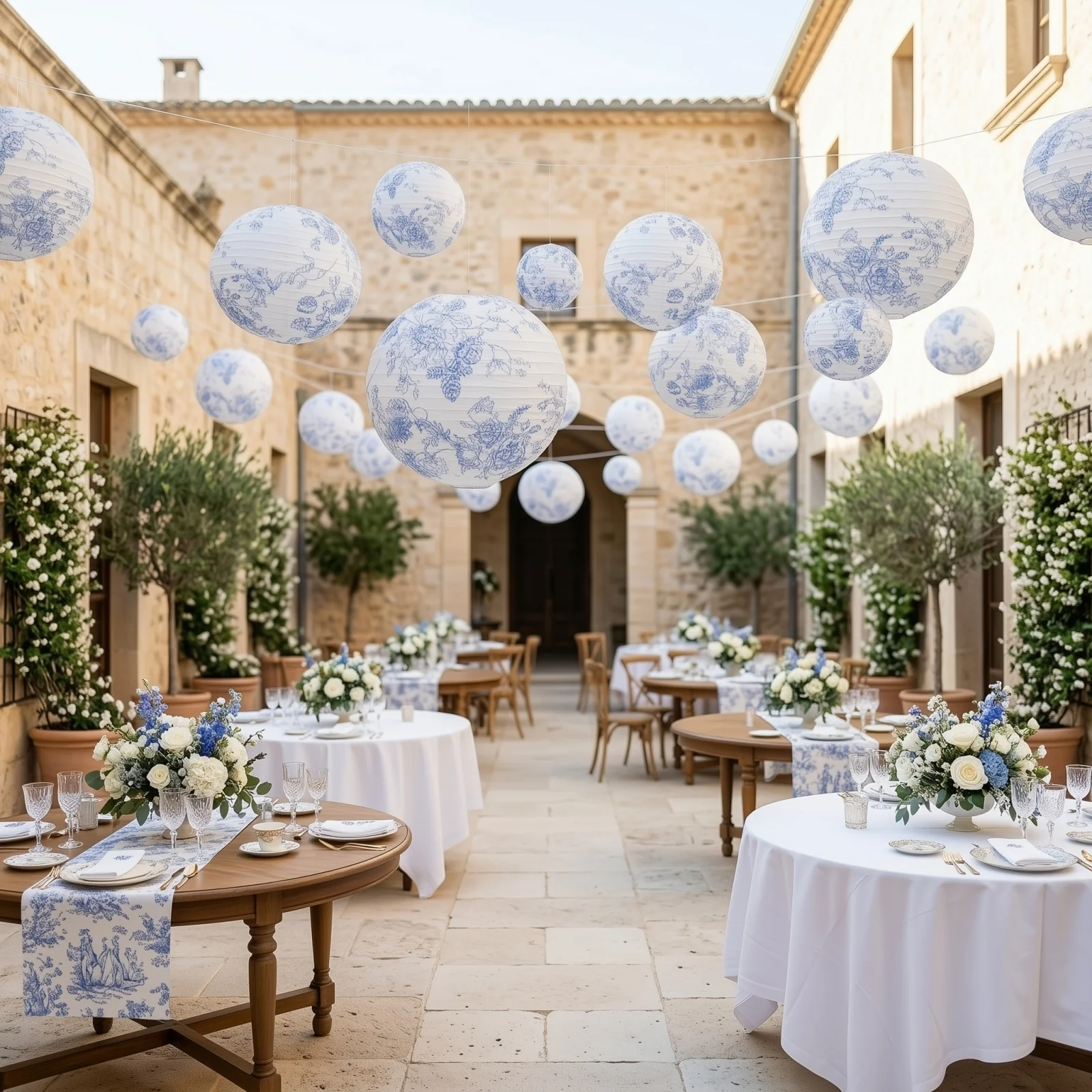 Set of 8 French Toile Hanging Paper Lanterns White with Blue Floral Pattern, Decorative Lanterns - 6", 8", 10", 14" - Image 6