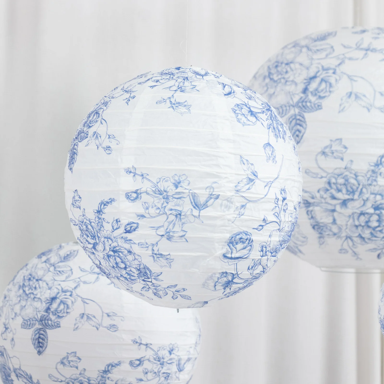 Set of 8 French Toile Hanging Paper Lanterns White with Blue Floral Pattern, Decorative Lanterns - 6", 8", 10", 14" - Image 7