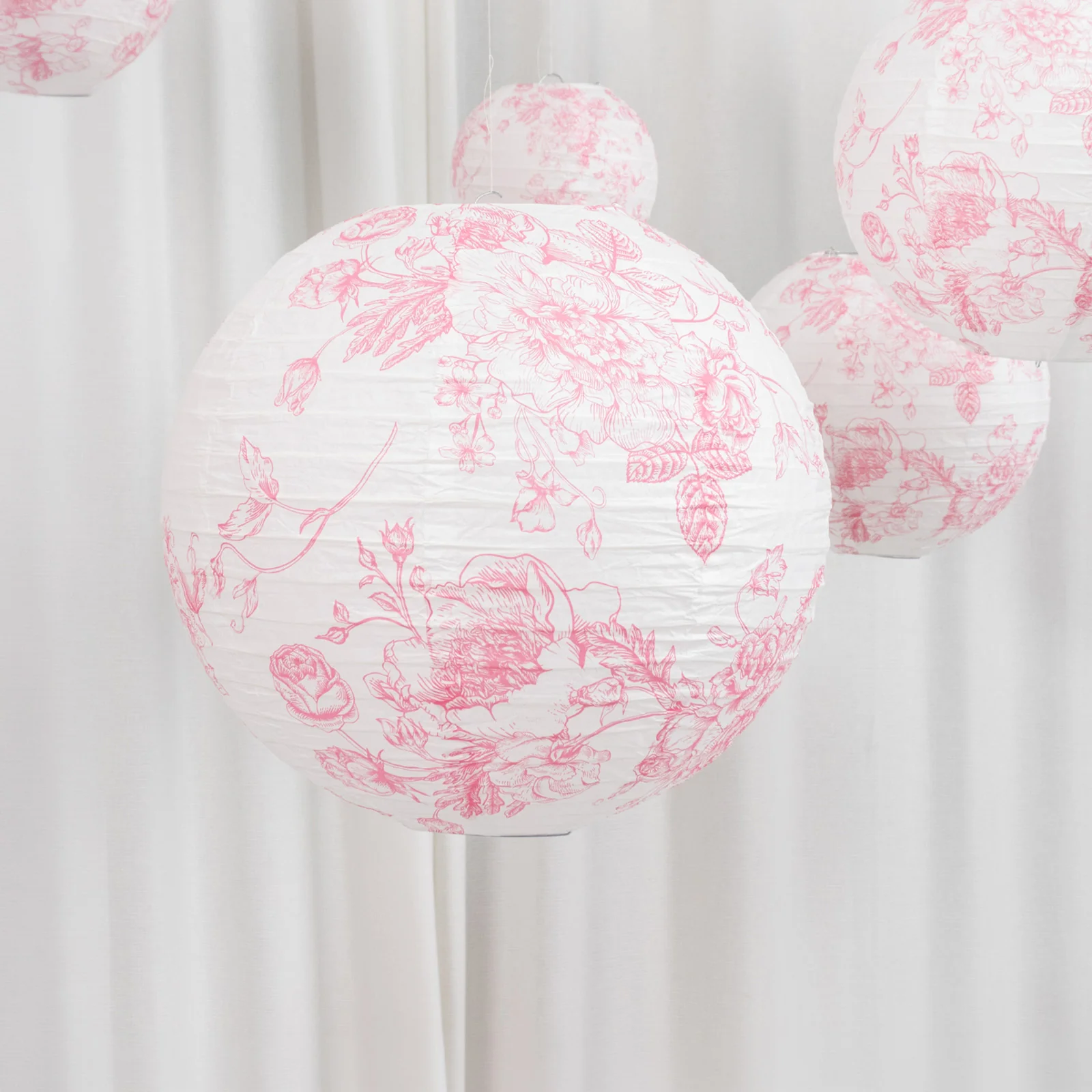 Set of 8 French Toile Hanging Paper Lanterns White with Pink Floral Pattern, Decorative Lanterns - 6", 8", 10", 14" - Image 7