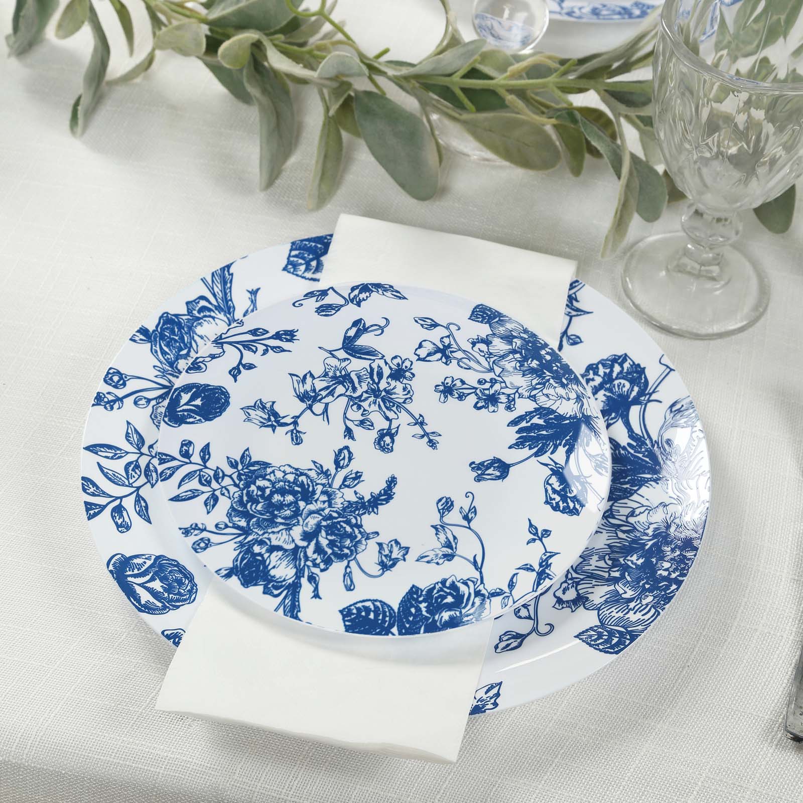 10-Pack French Toile Plastic Dessert Plates – Blue & White Floral, 7" Round Disposable Salad Plates