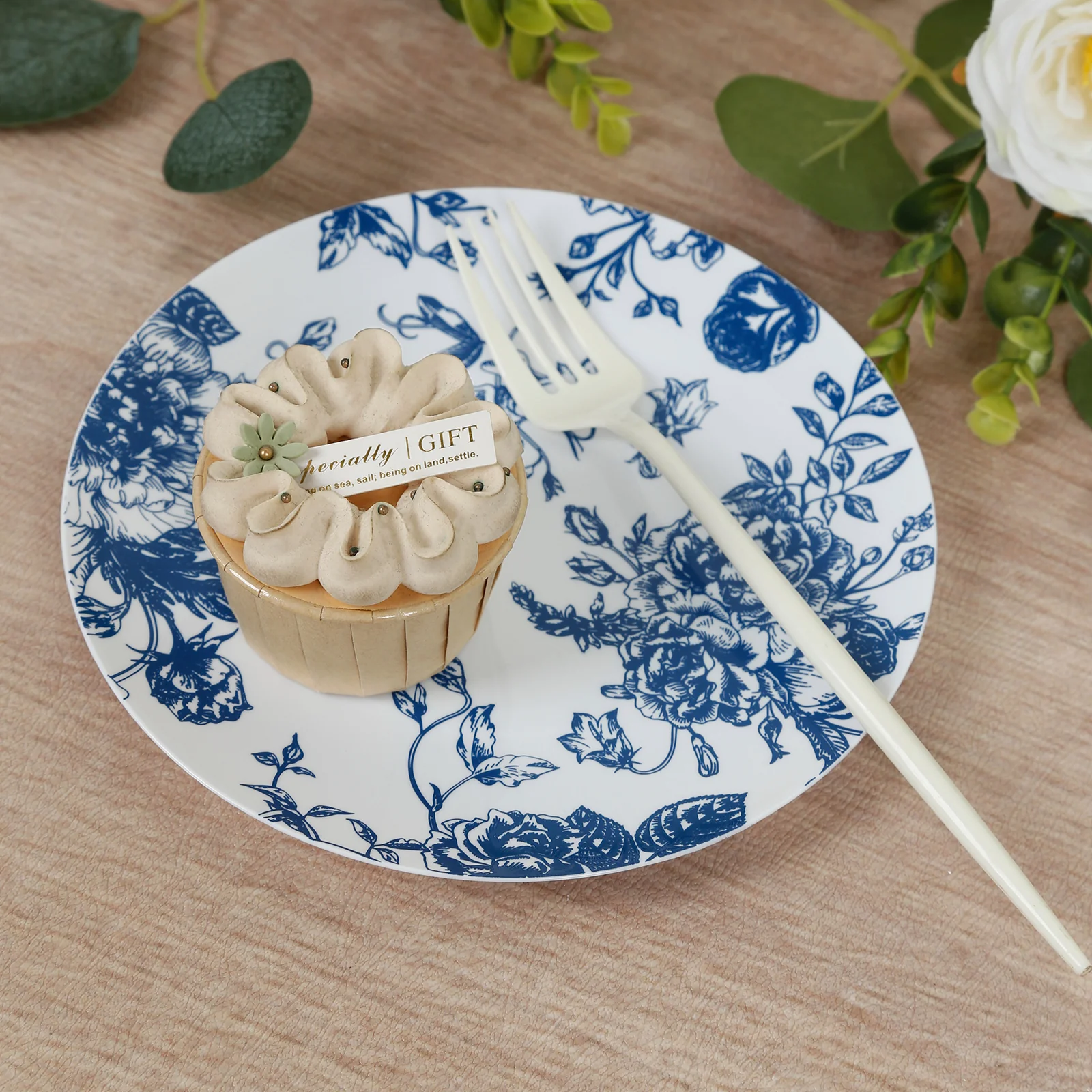 10-Pack French Toile Plastic Dessert Plates – Blue & White Floral, 7" Round Disposable Salad Plates - Image 7