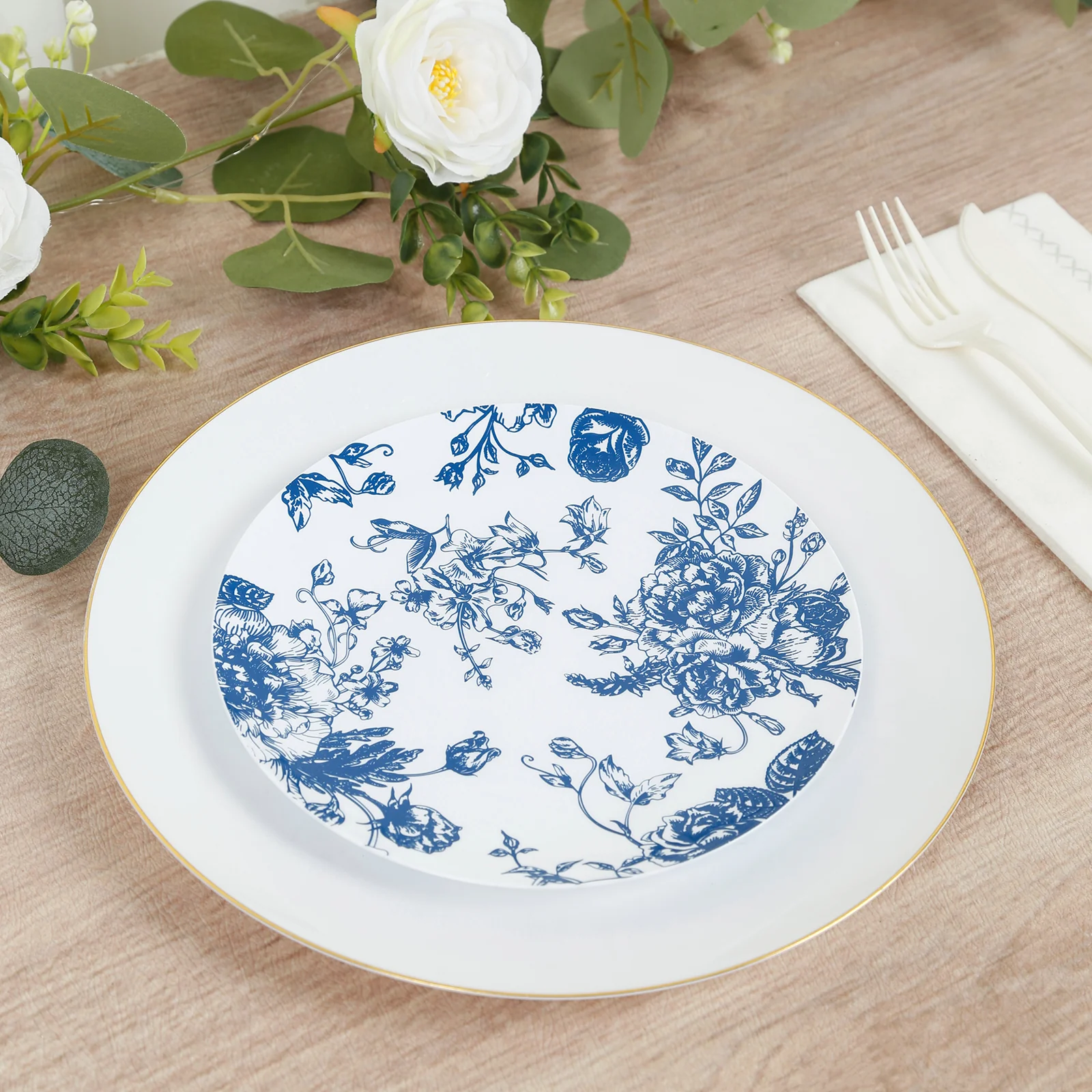 10-Pack French Toile Plastic Dessert Plates – Blue & White Floral, 7" Round Disposable Salad Plates - Image 8